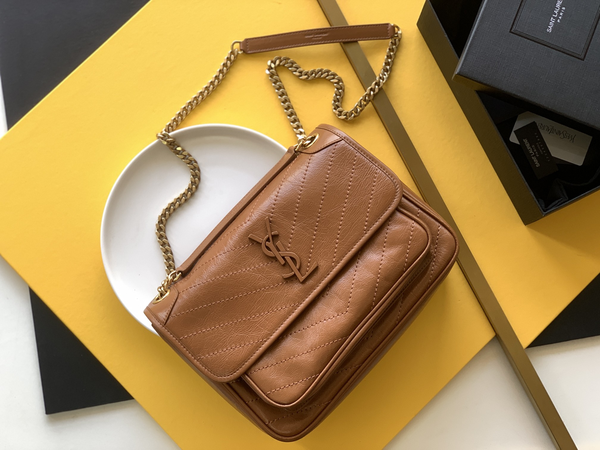 YSL Niki Medium Crinkled Waxed Leather Chain Bag