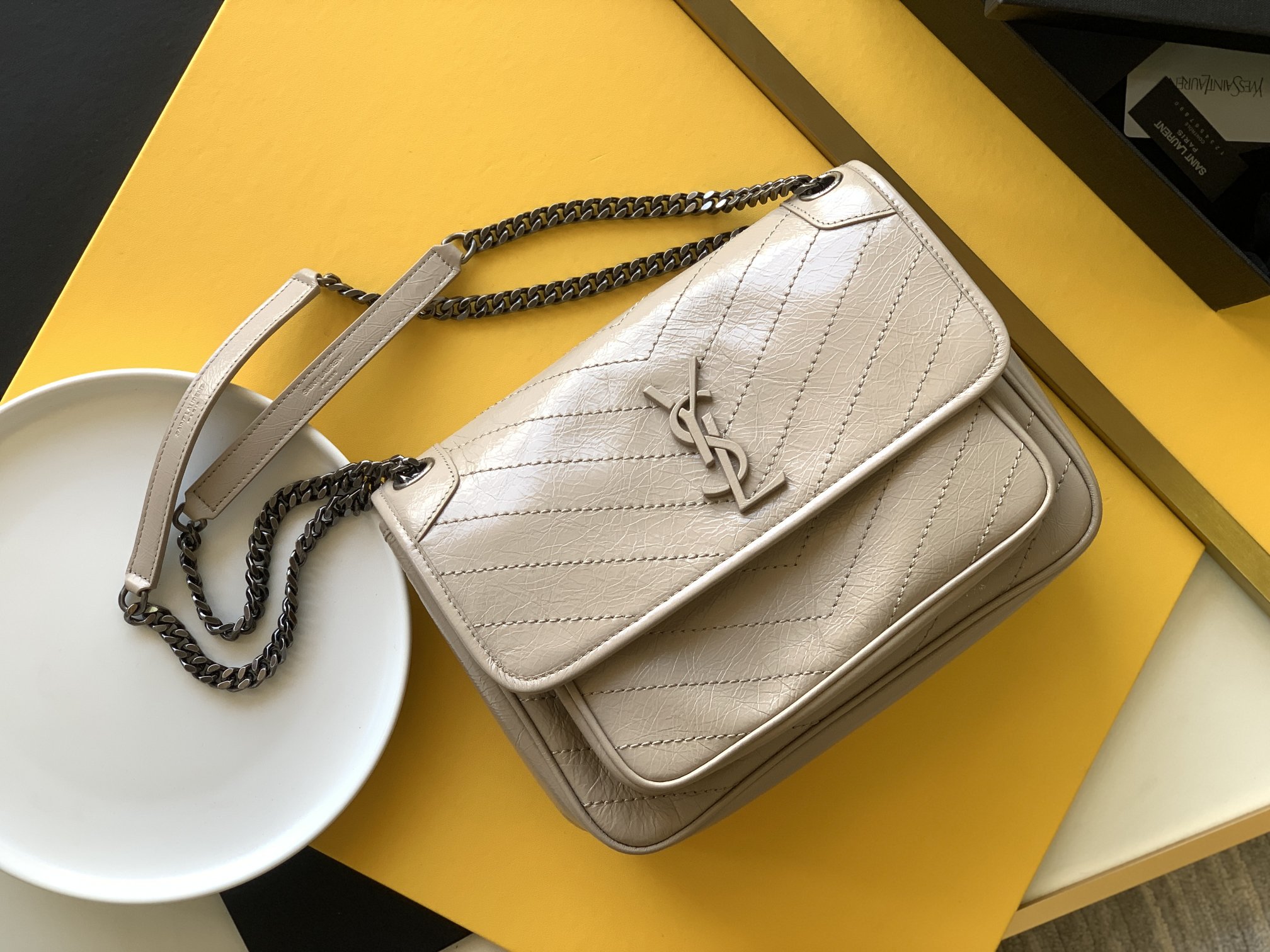 Apricot Waxed Wrinkled Leather Chain Shoulder Bag