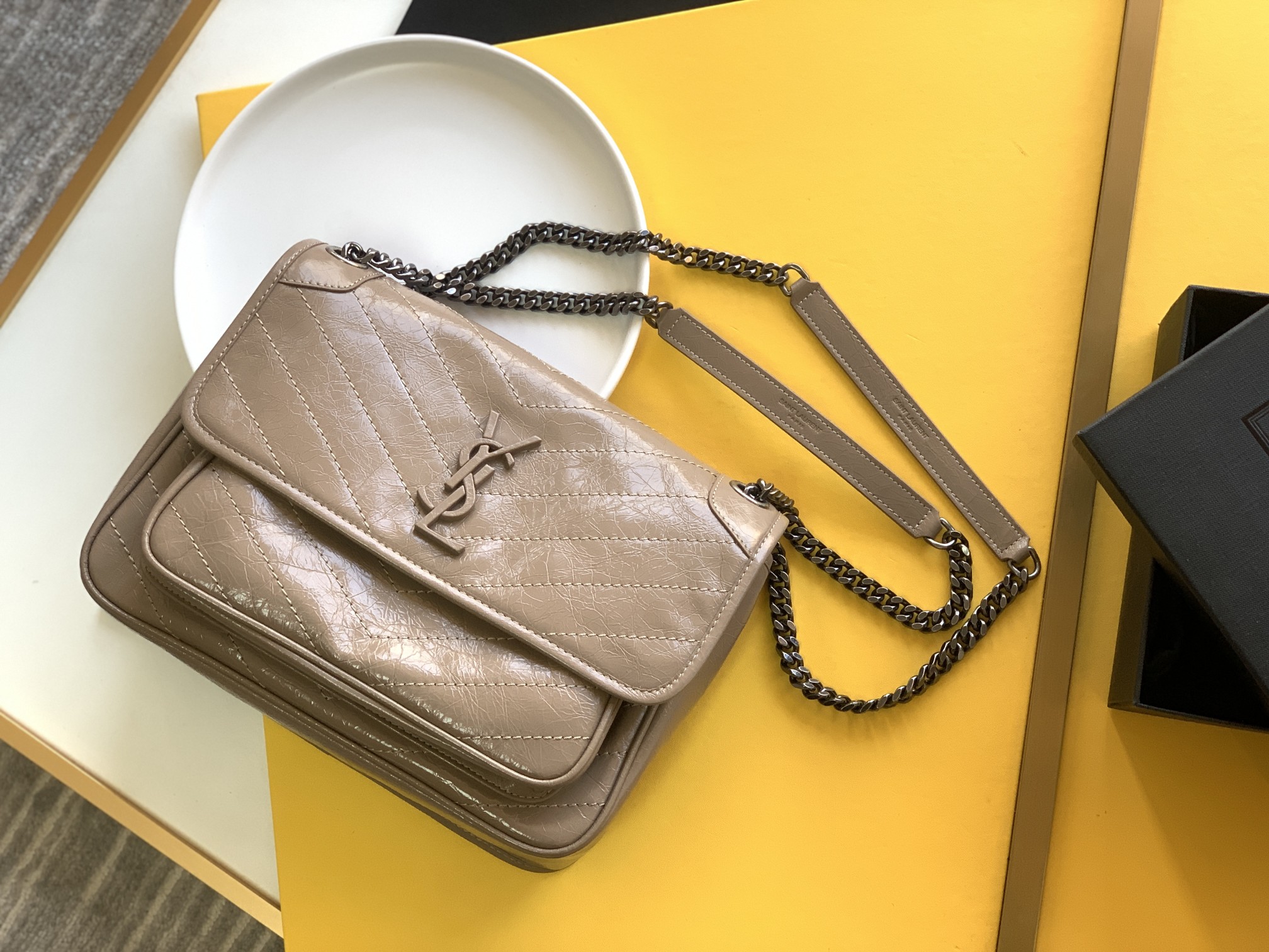 YSL Niki Medium Crinkled Waxed Leather Chain Bag