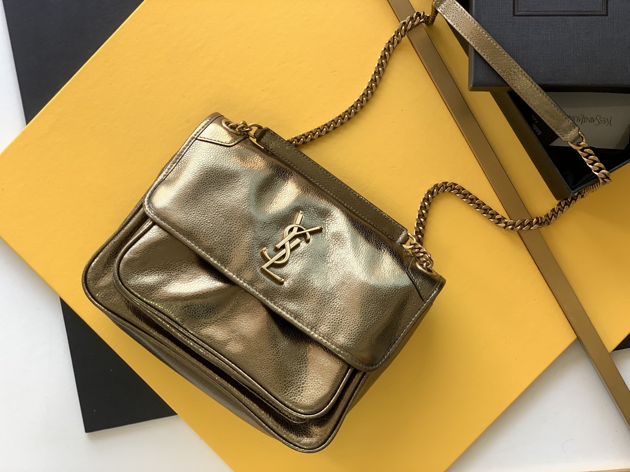 Bronze Gold Sharkskin Niki Chain Bag Flap Metal YSL Logo