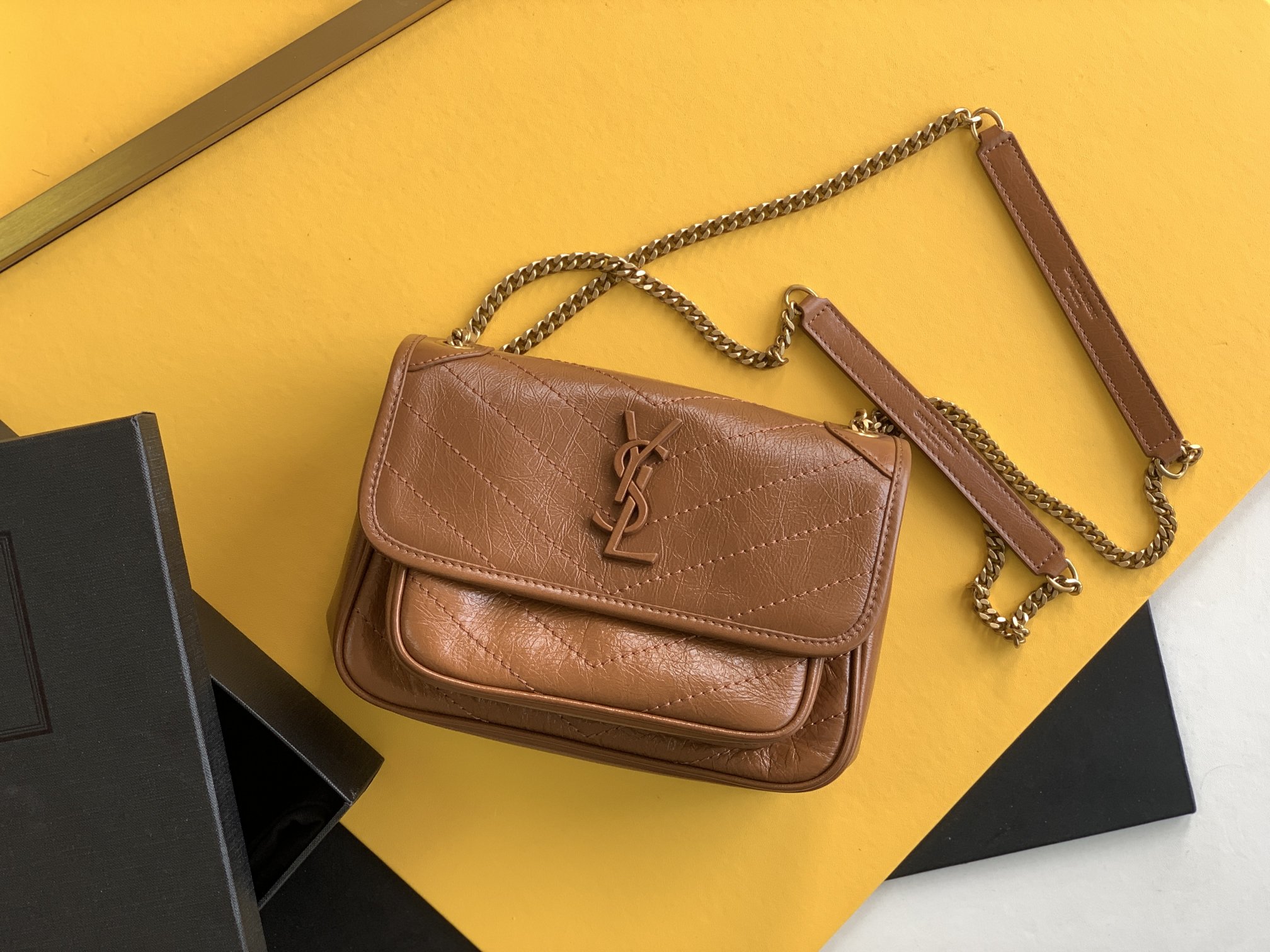 Niki Baby Chain Bag Calfskin Caramel Flap Quilted