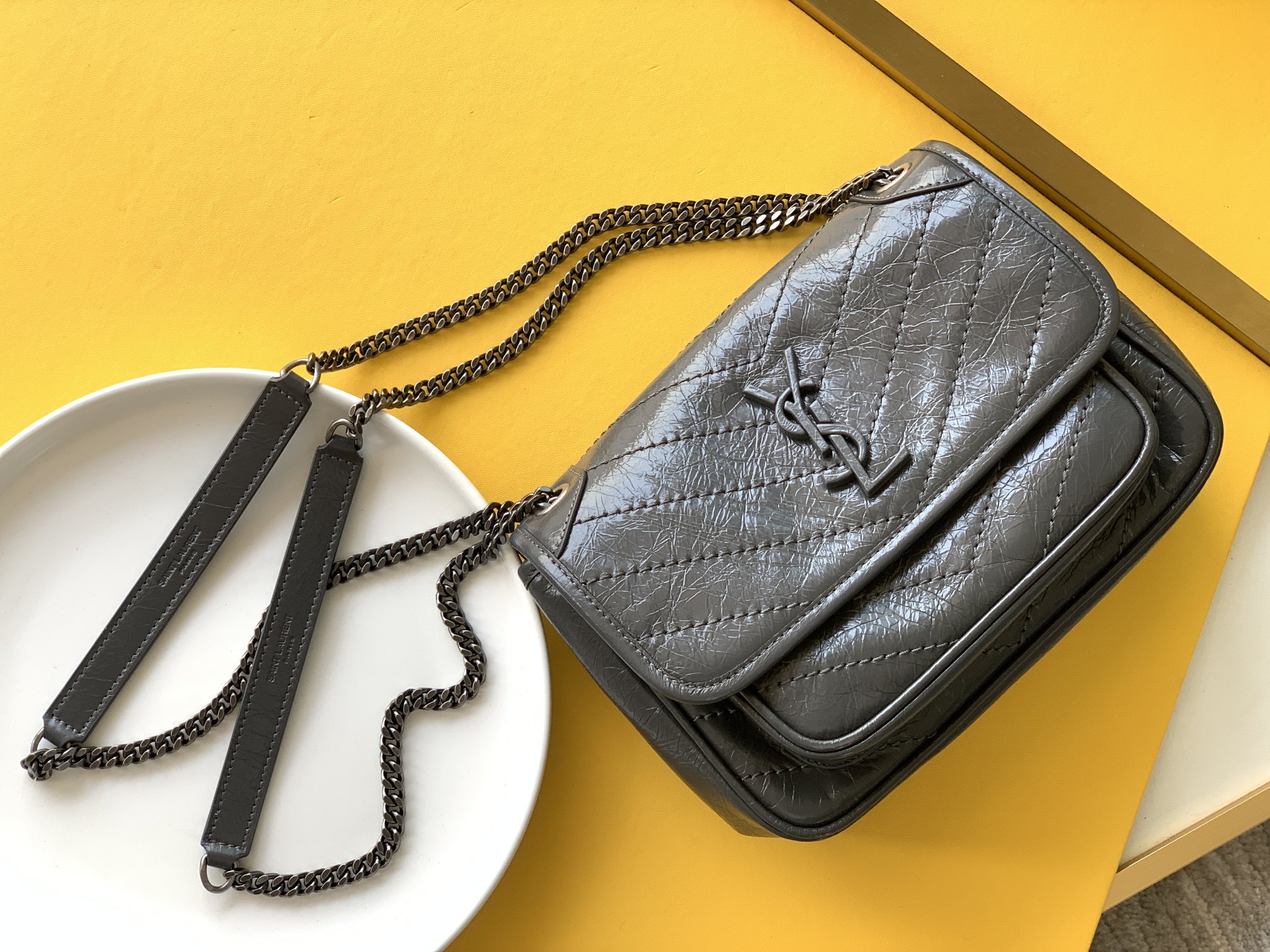 Dark Grey Silver Chain Calfskin Shoulder Crossbody Bag
