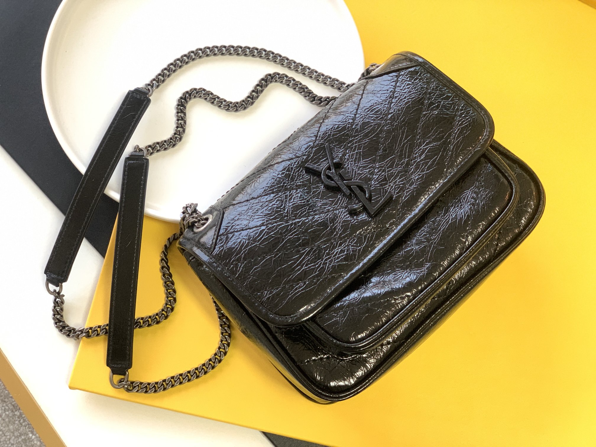 Black Chain Cowhide Crossbody Bag