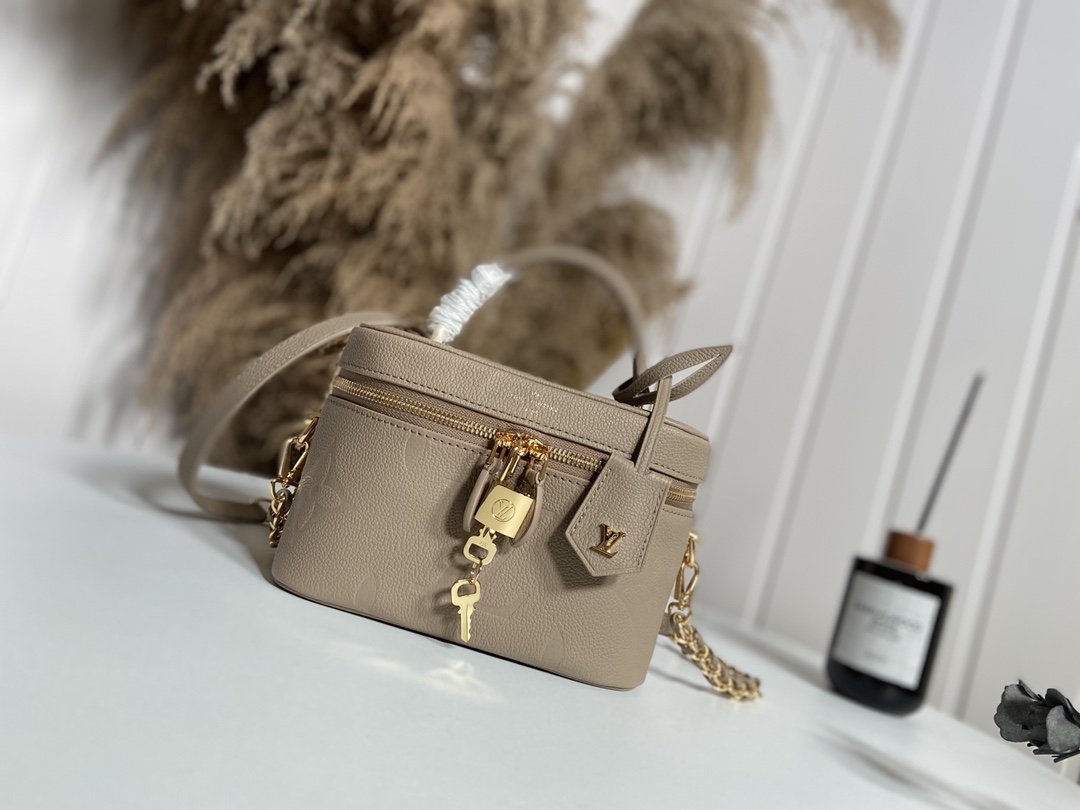 Louis Vuitton Handbags Cosmetic Bags Crossbody & Shoulder Bags Apricot Color Beige Black White Weave Women Vanity Chains M45608