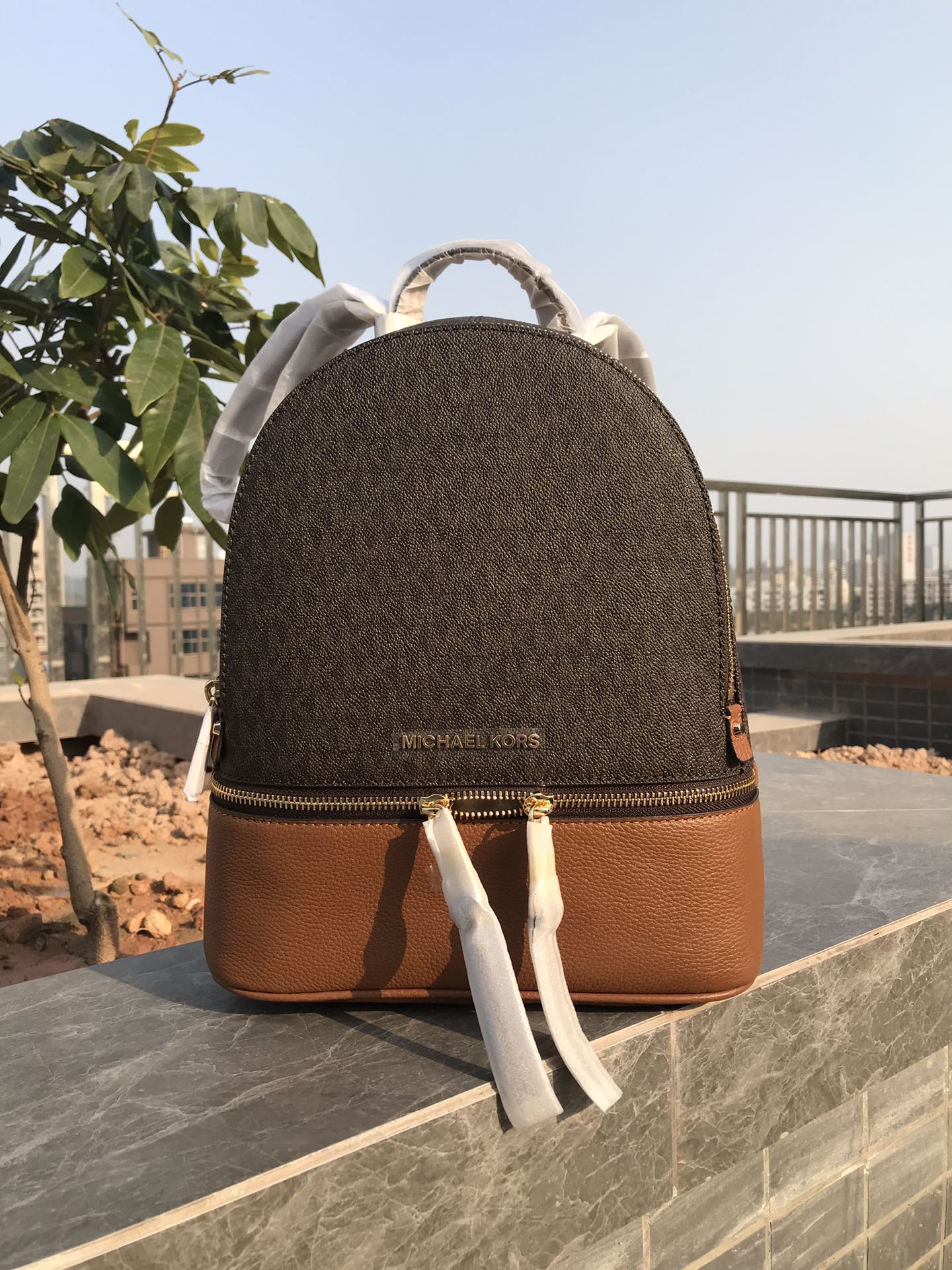 Michael Kors MK背包2拼皮2拼皮棕