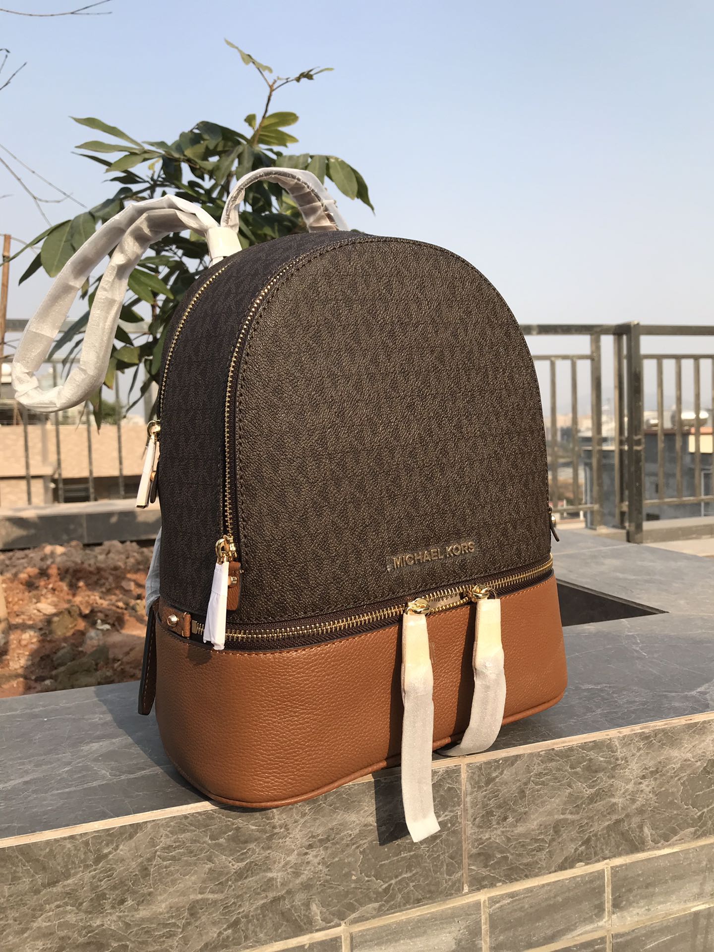 Michael Kors MK背包2拼皮2拼皮棕