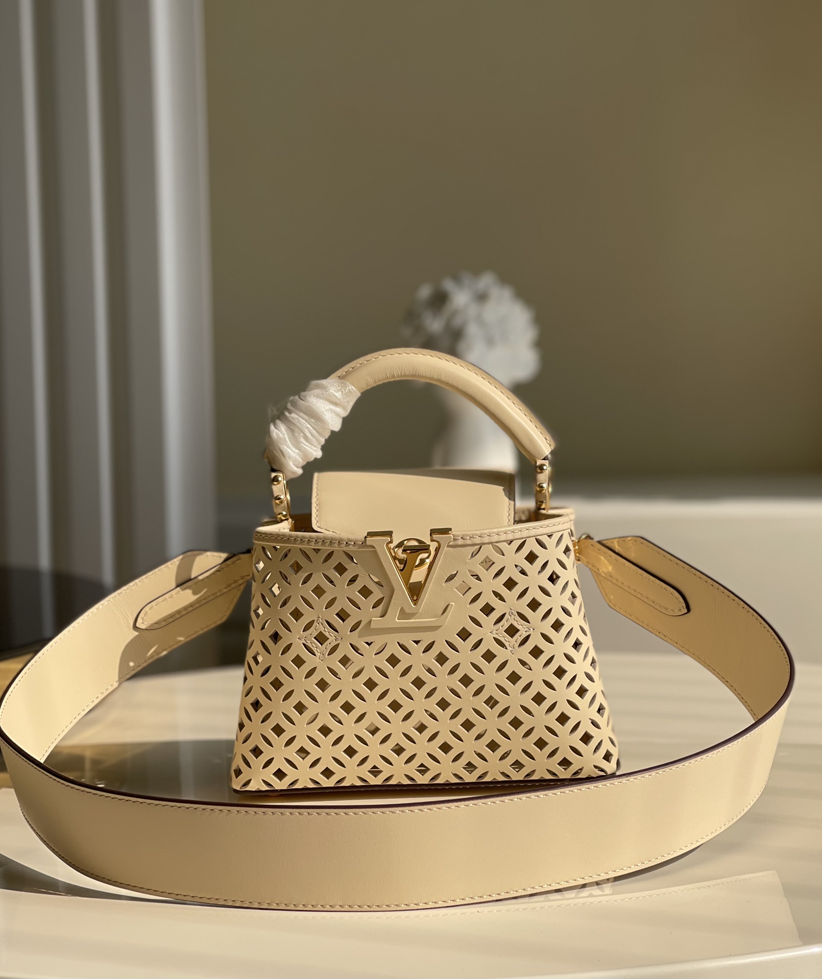 Louis Vuitton LV Capucines Bags Handbags White Openwork Calfskin Cowhide Weave Summer Collection Mini M57228