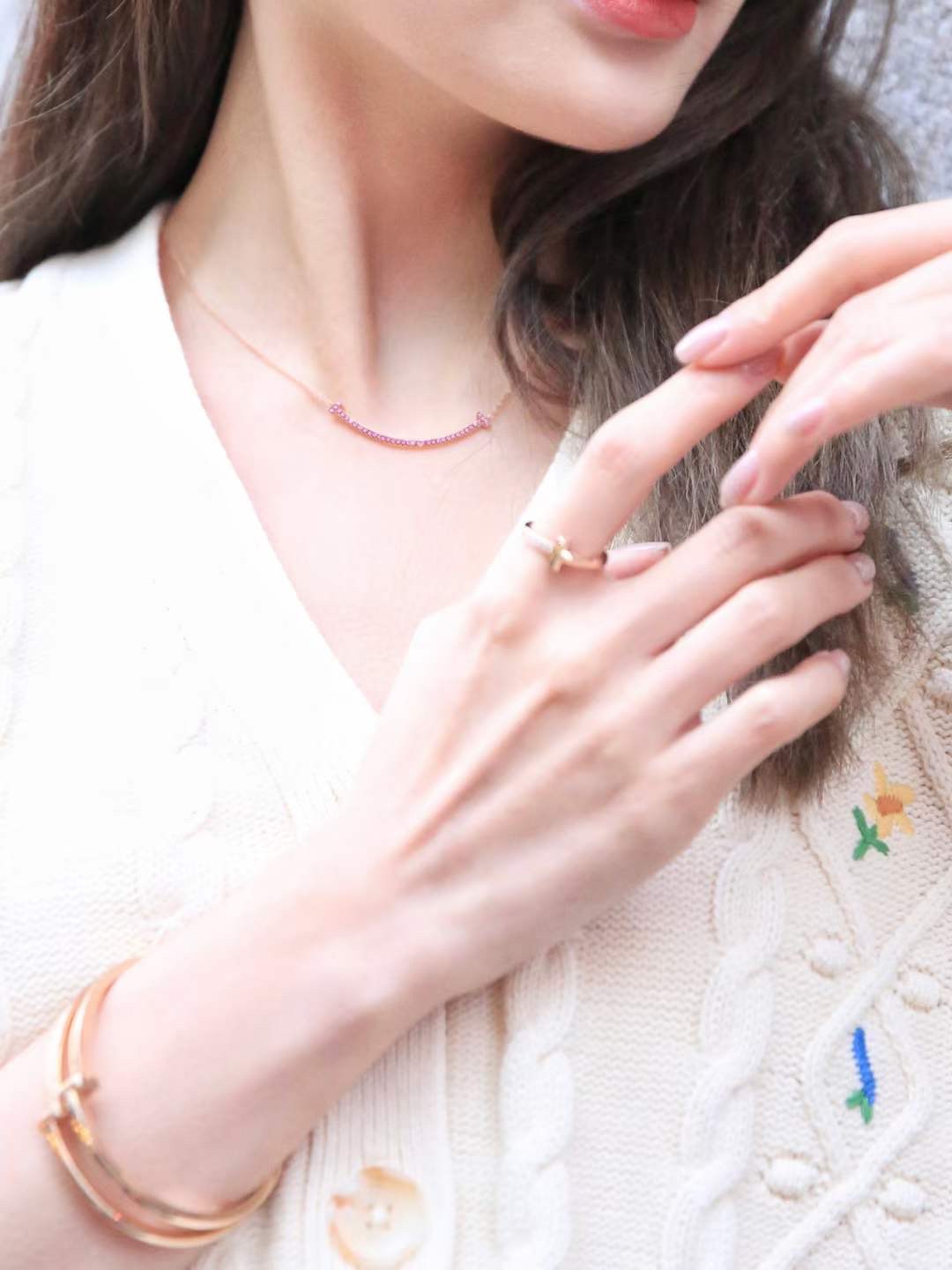 Tiffany & Co. Tiffany&Co. 玫瑰金粉钻微笑 锁骨项链