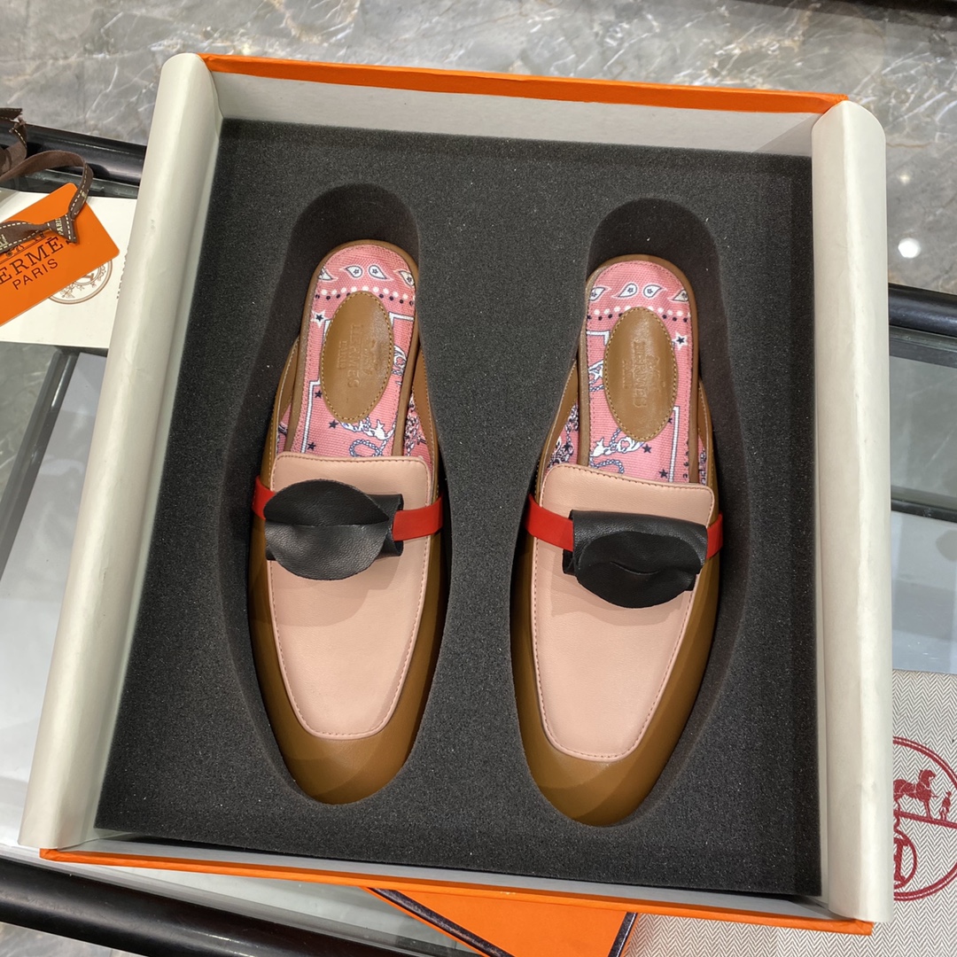 Hermes Kelly High
 Shoes Half Slippers Printing Calfskin Cowhide Genuine Leather