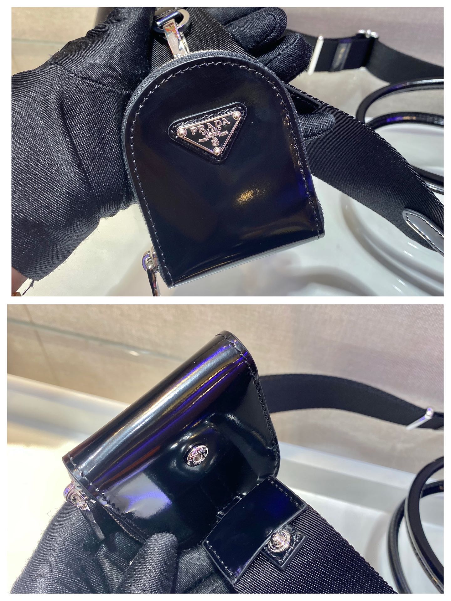 PRADA普拉达亮面皮革手提包1BA320