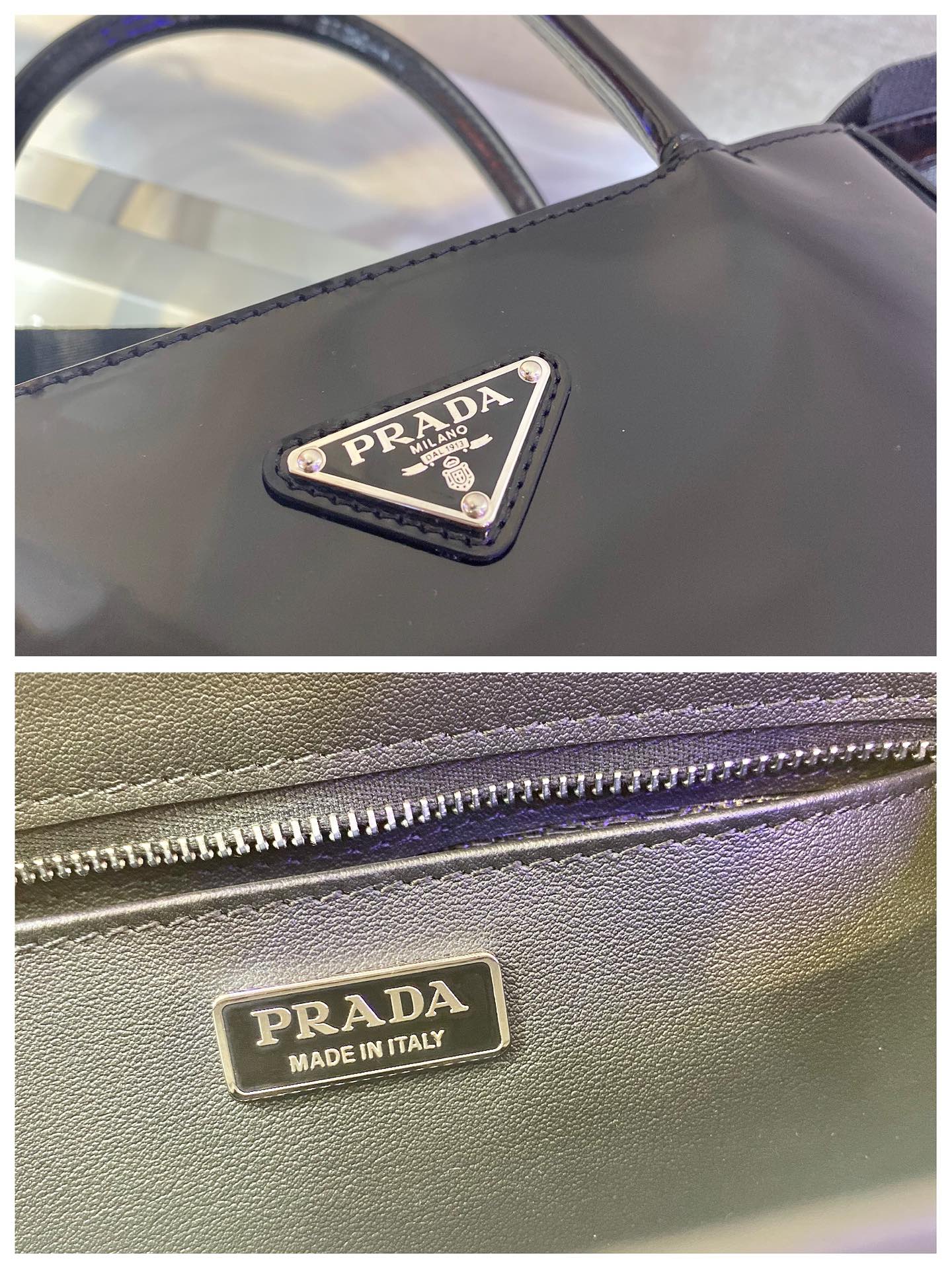 PRADA普拉达亮面皮革手提包1BA320