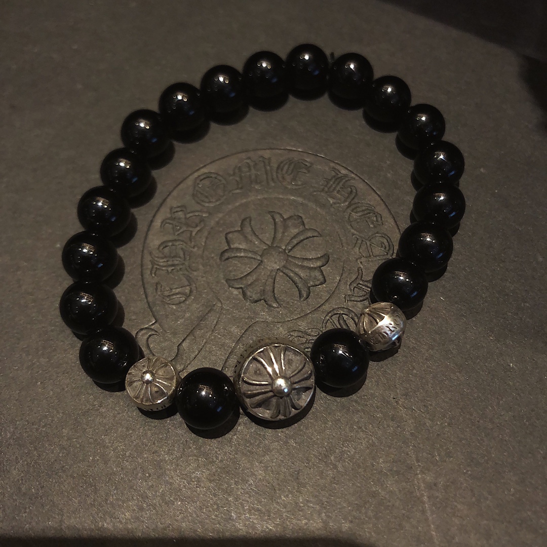 Chrome Hearts 𝐂𝐡𝐫𝐨𝐦𝐞 𝐡𝐞𝐚𝐫𝐭𝐬 克罗心 黑曜石银珠手链