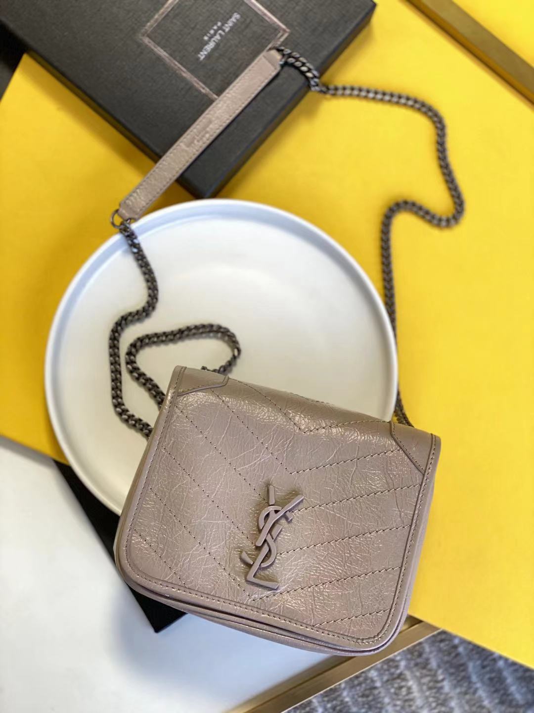 Gris clair Matelassé Losange Chaîne Bandoulière Petit Sac Carré