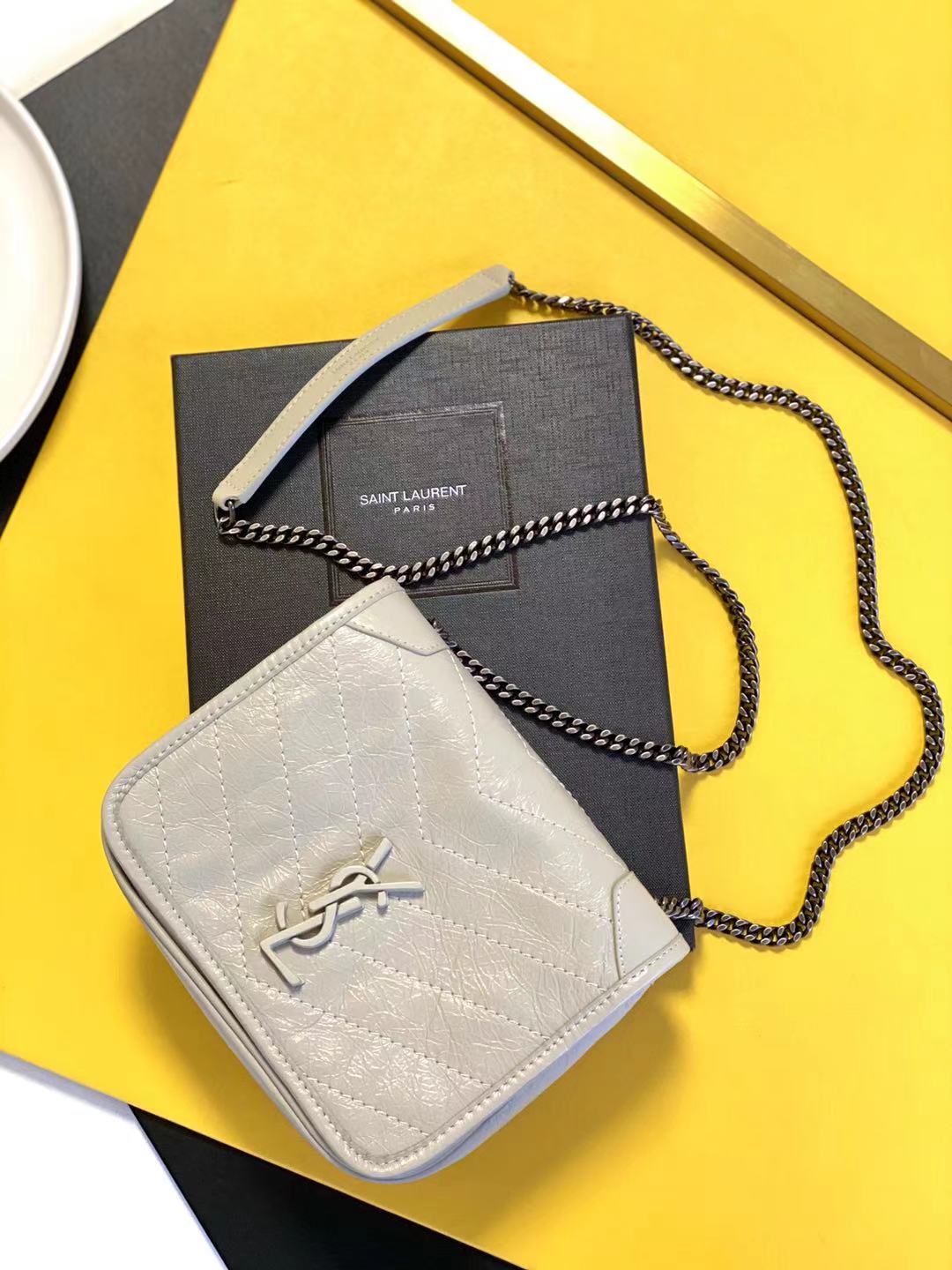 YSL NiKi Off-White Quilted Chain Crossbody Mini Square Bag