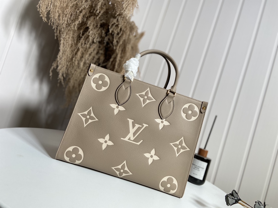 Louis Vuitton LV Onthego Tote Bags Apricot Color Grey Cowhide M45495