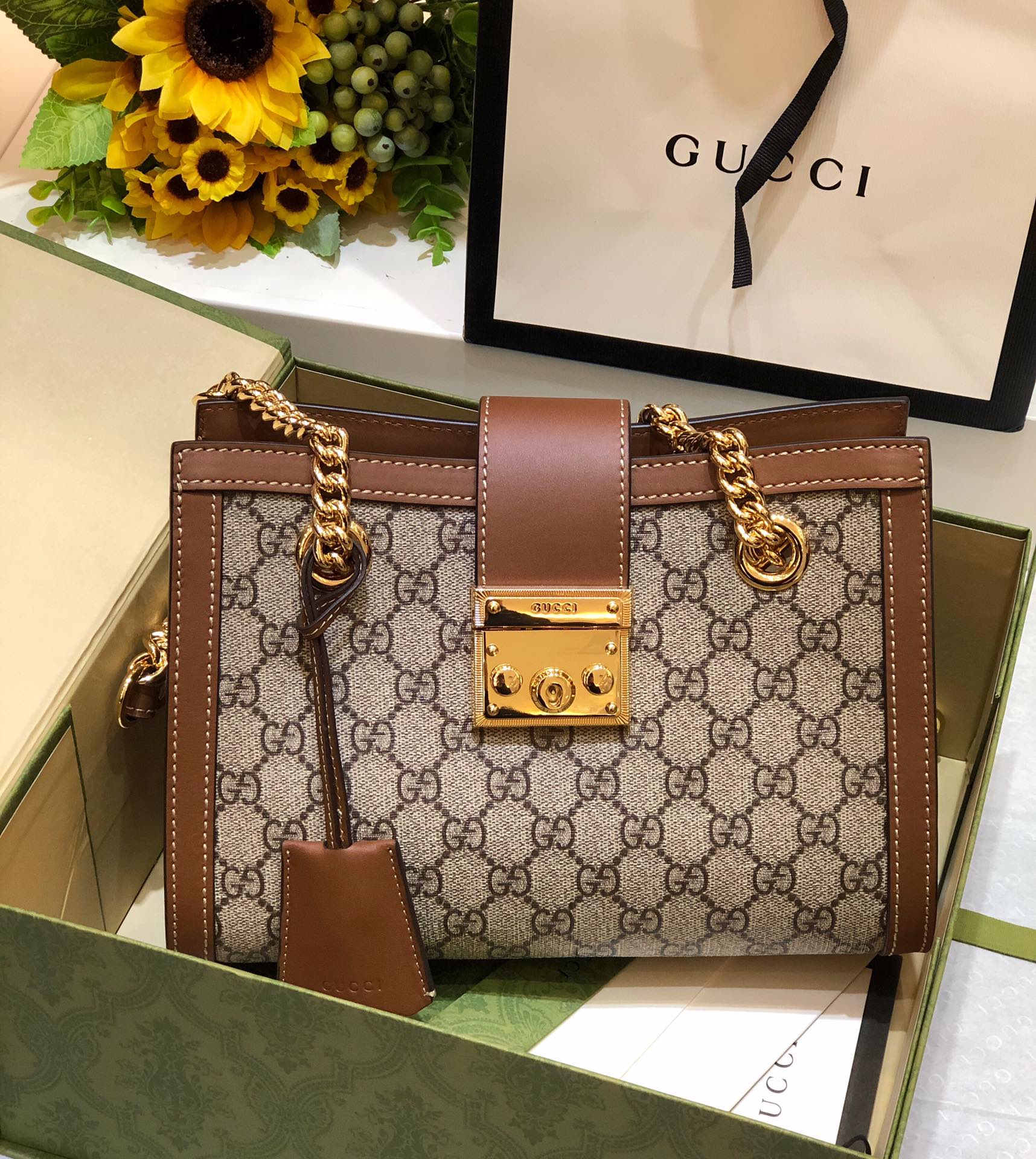 GUCCI 钥匙锁扣 肩背 手提包 PVC 棕色皮革包边