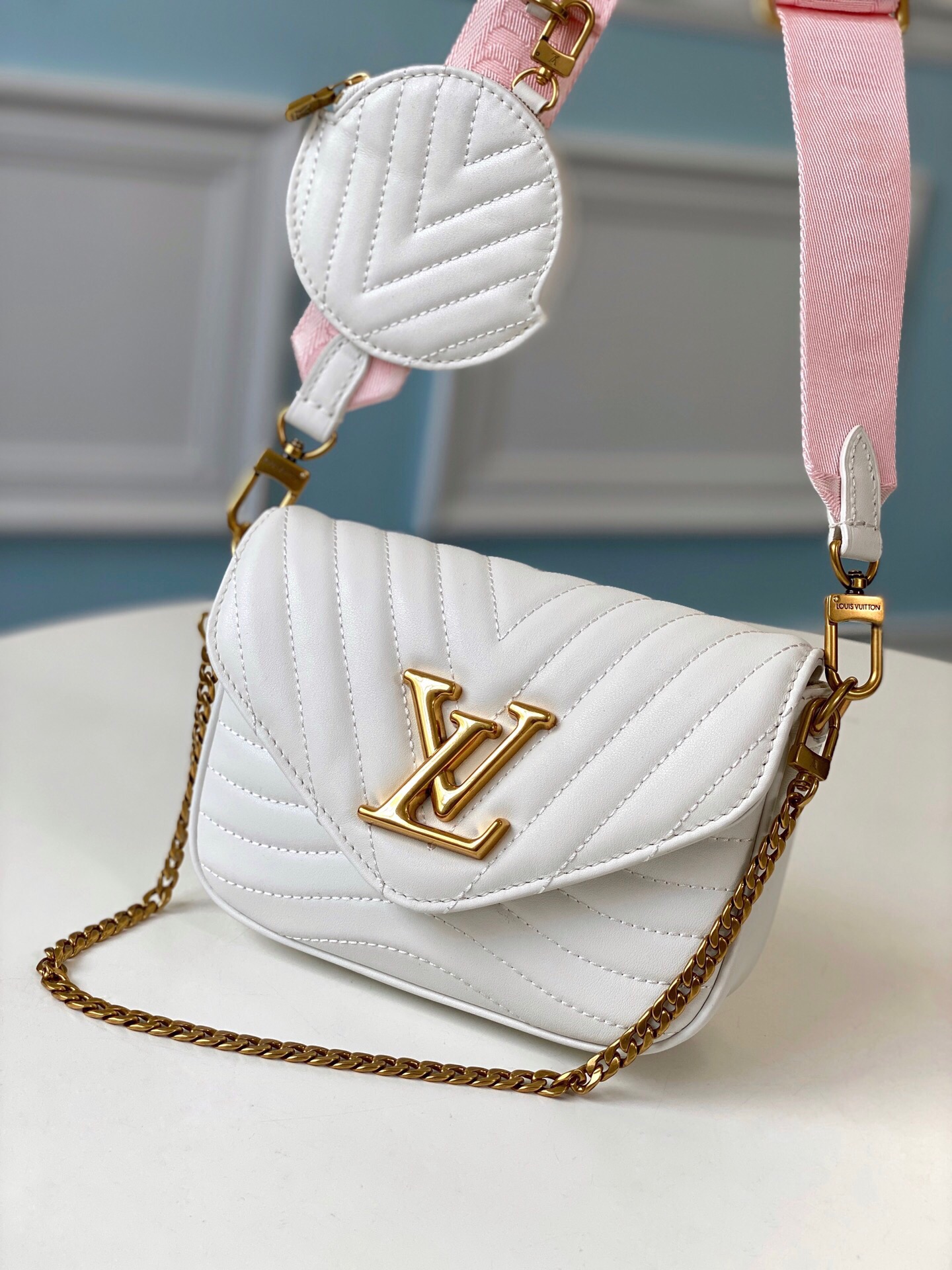 Louis Vuitton LV New Wave Crossbody & Shoulder Bags Gold White Embroidery Calfskin Cowhide Pochette M56461