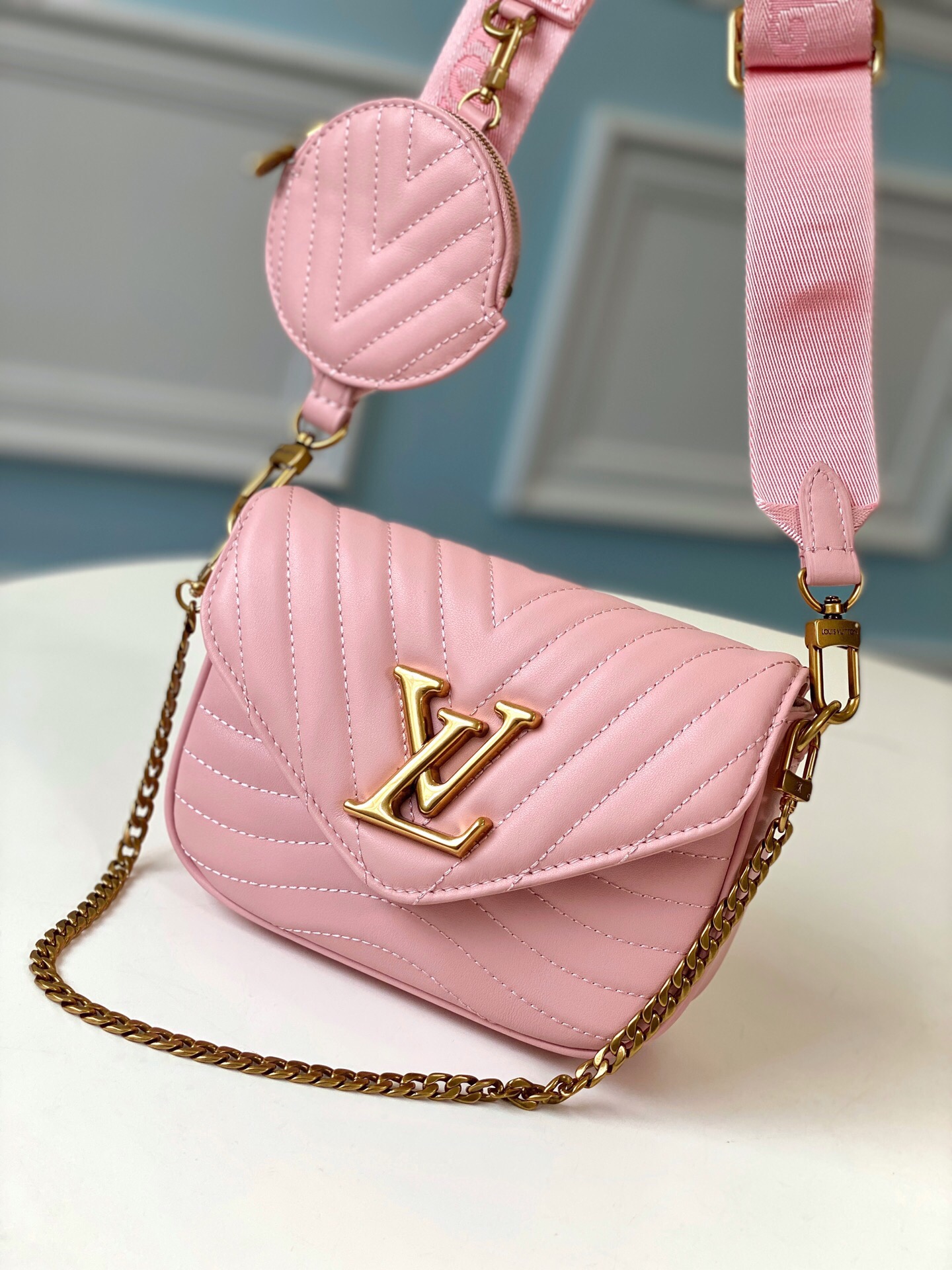 Louis Vuitton LV New Wave Crossbody & Shoulder Bags Gold Pink Embroidery Calfskin Cowhide Pochette M56461