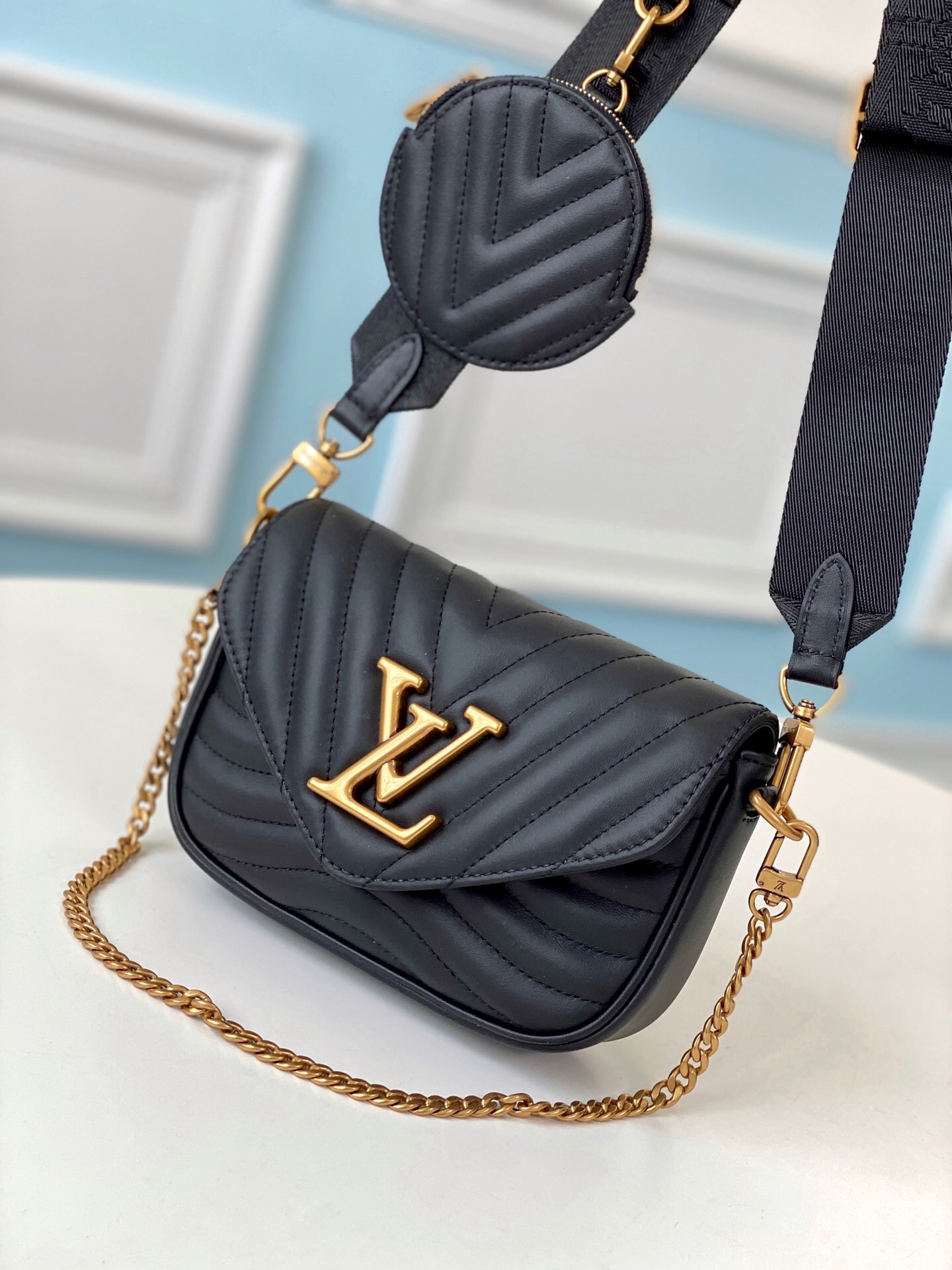 Louis Vuitton LV New Wave Crossbody & Shoulder Bags Black Gold Embroidery Calfskin Cowhide Pochette M56461