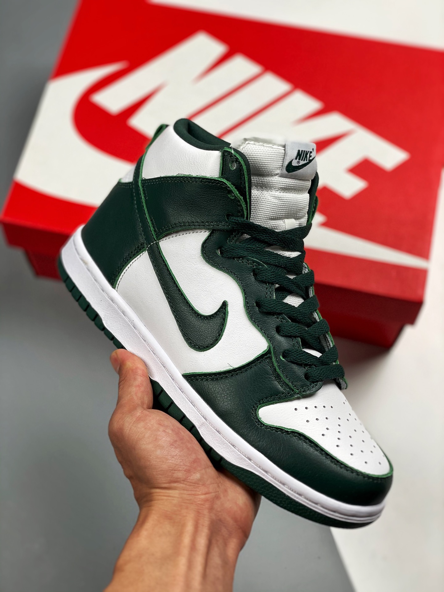 Nike SB Dunk Hi SP "Spartan Green" blanco y verde, producción original de gran fábrica #etiqueta tejida de fábrica, coi…