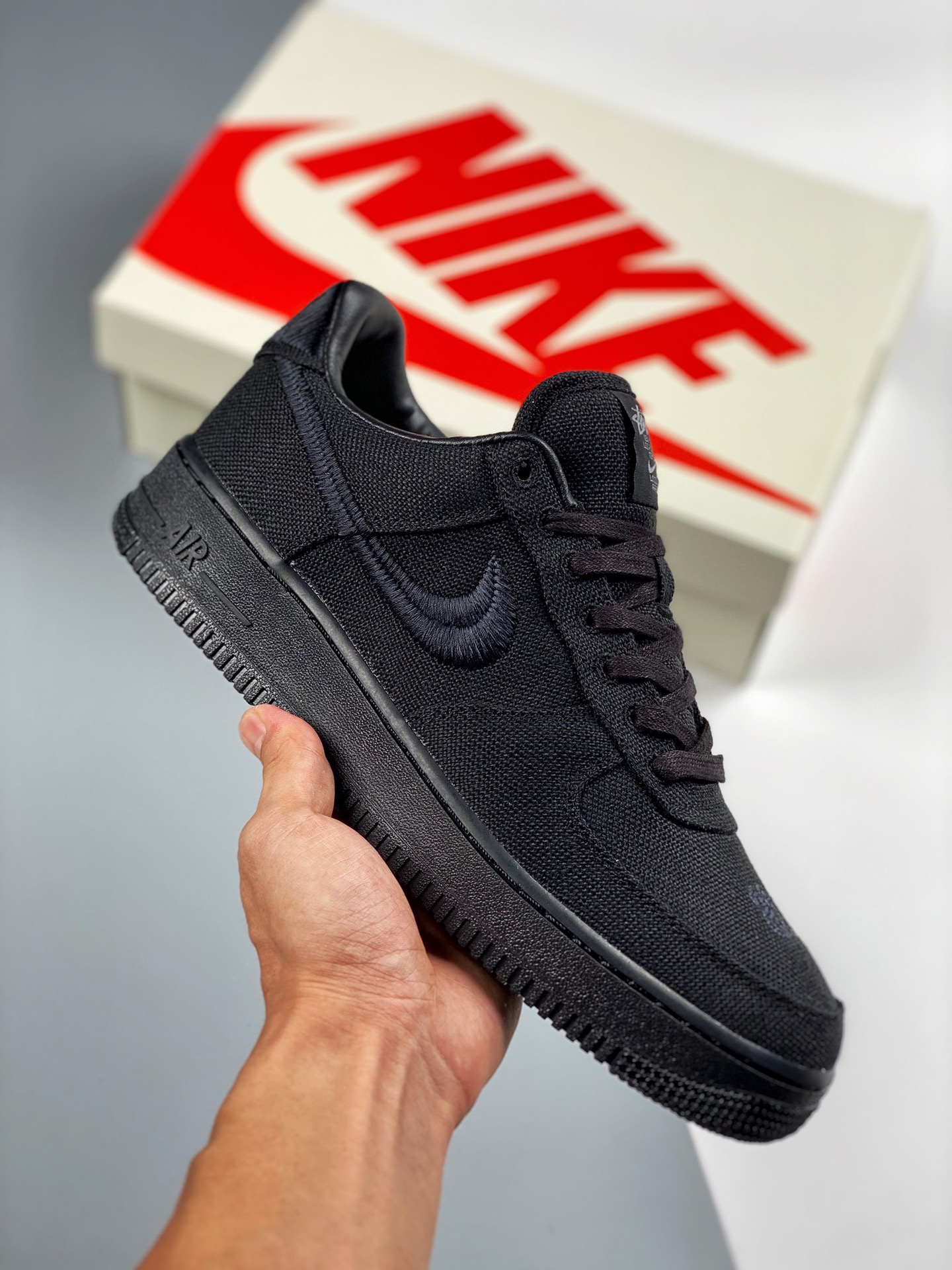 Stussy x Nike Air Force 1 '07 Low "Gancho bordado en lino negro" primer vistazo real #Datos de desarrollo de la horma y…