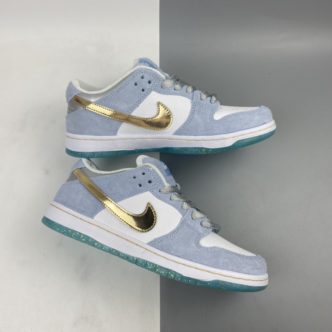 220 Sean Cliver x Nike SB Dunk Low Pro”White/Psychic Blue-Metallic Gold” 雾霾蓝白金钩水晶底 扣篮系列低帮休闲运动滑板板鞋 DC9936-100