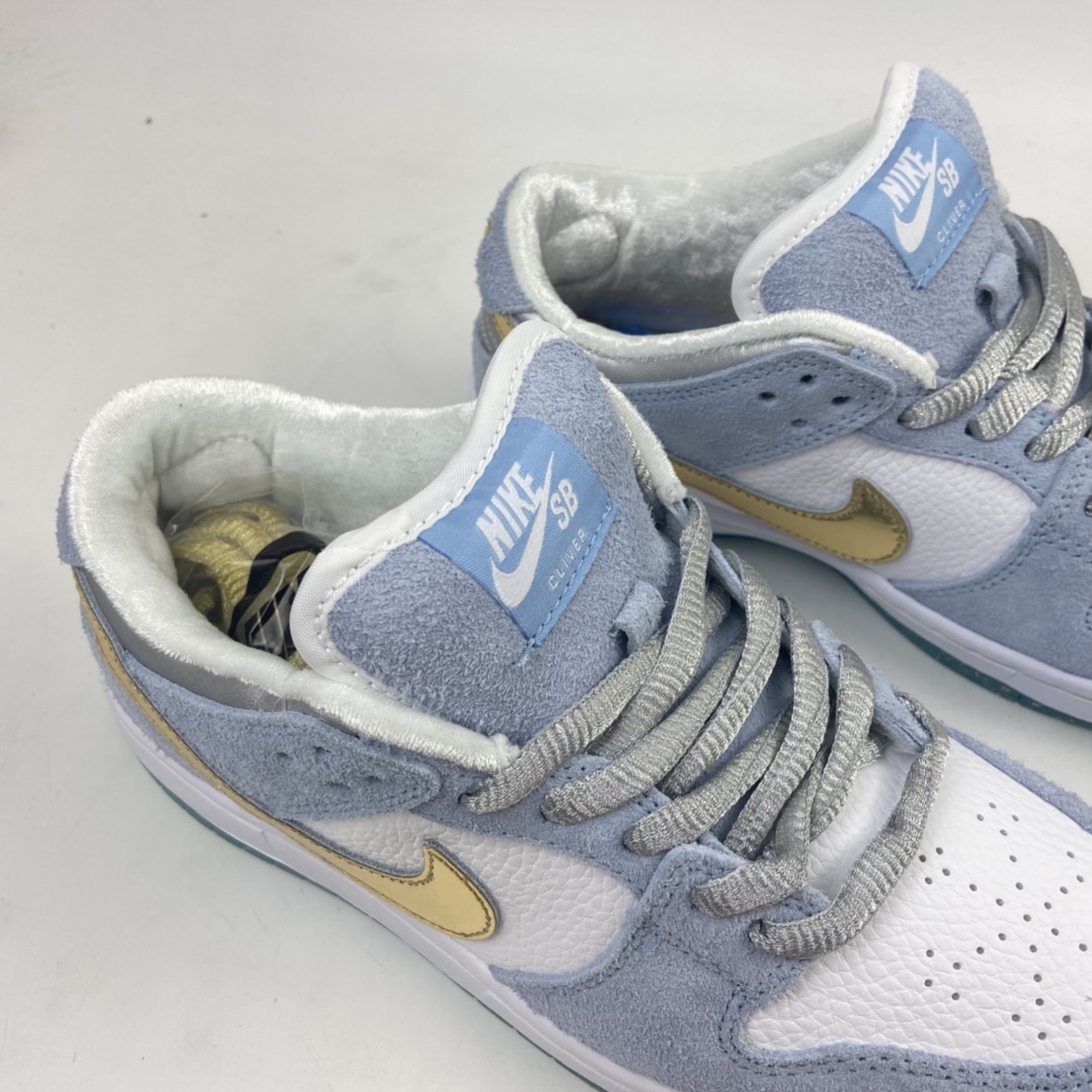 220 Sean Cliver x Nike SB Dunk Low Pro”White/Psychic Blue-Metallic Gold” 雾霾蓝白金钩水晶底 扣篮系列低帮休闲运动滑板板鞋 DC9936-100
