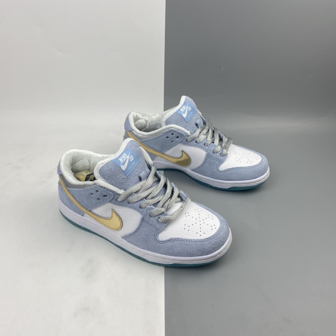220 Sean Cliver x Nike SB Dunk Low Pro”White/Psychic Blue-Metallic Gold” 雾霾蓝白金钩水晶底 扣篮系列低帮休闲运动滑板板鞋 DC9936-100