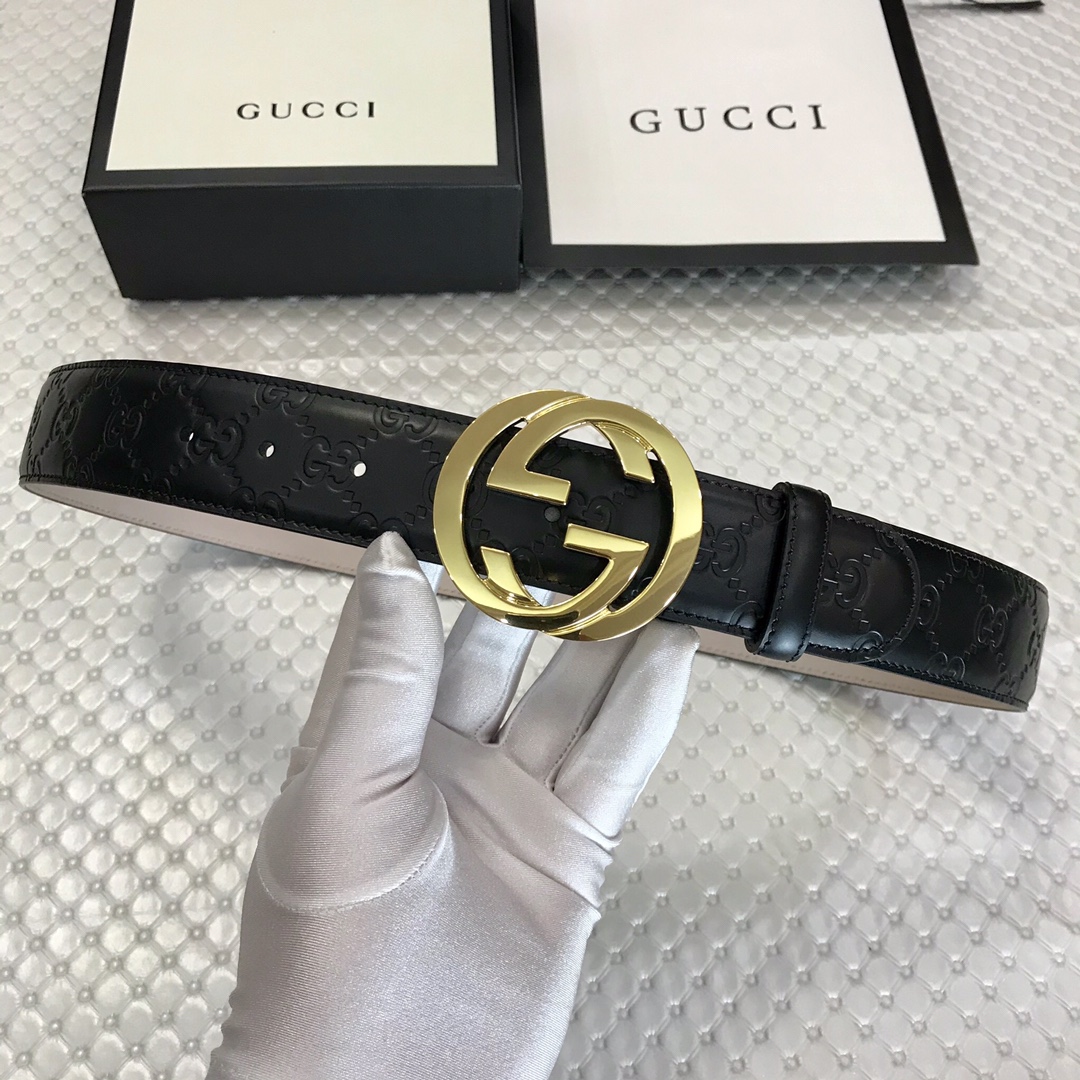 [Gucci Belts]GUCCI size:3.8cm Gucci black leather pressed G with top layer of