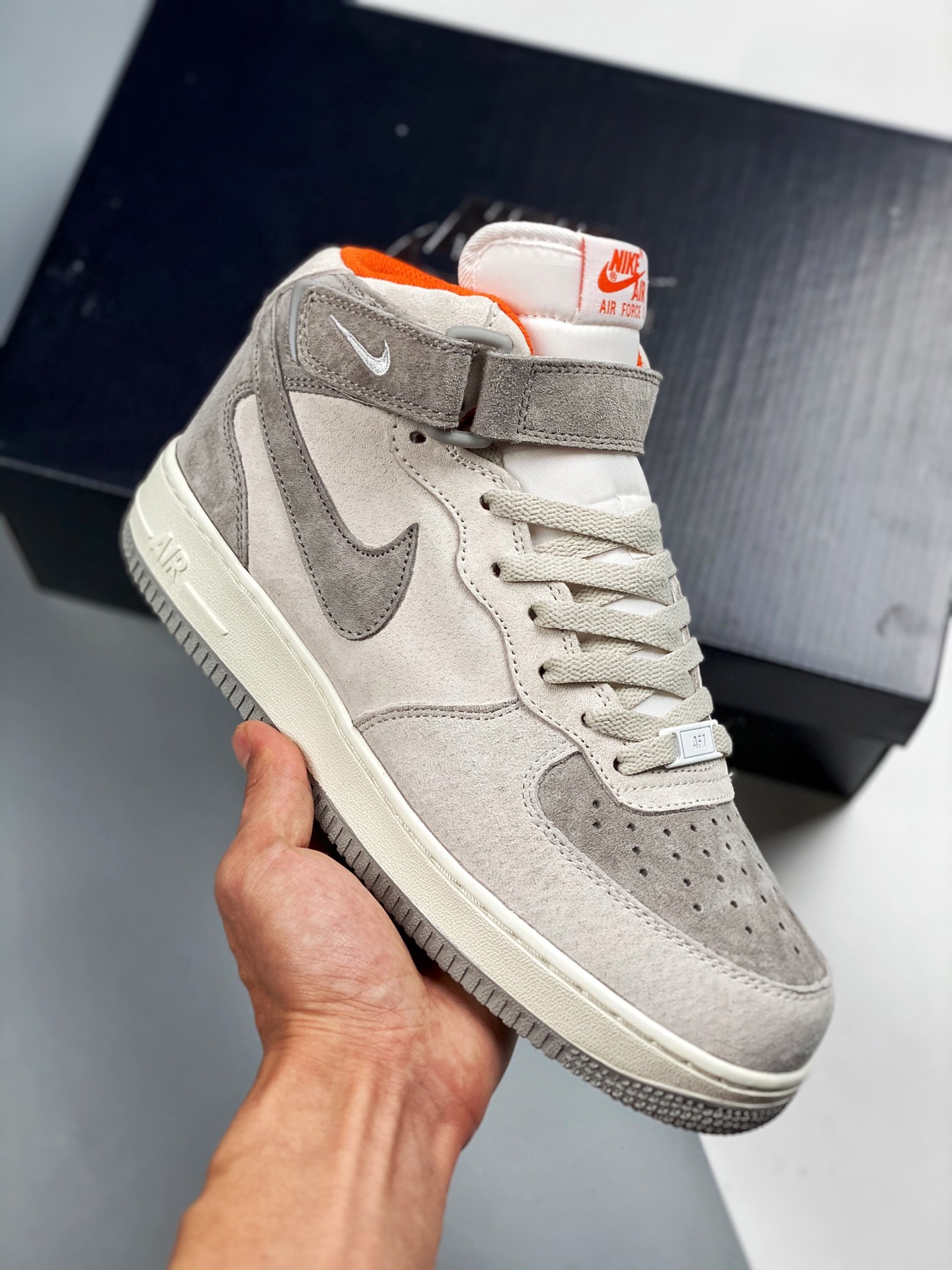 Air Force 1 MID gris/naranja, horma y cartón originales, auténtica Fuerza Aérea, enfocado en canales de comercio exteri…