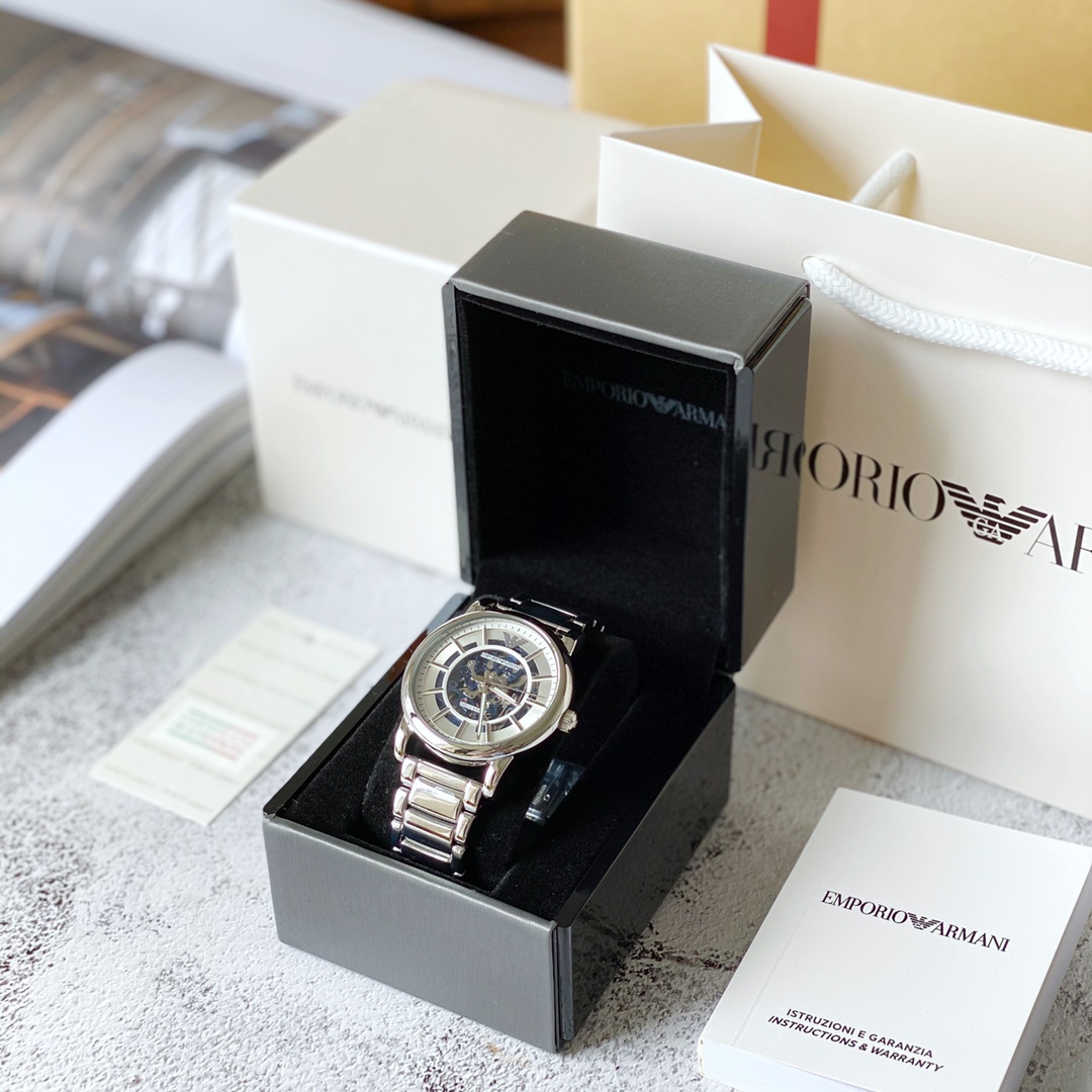 ¡Exclusivamente para JD.com! Armani AR60006 ¡Reloj mecánico automático transparente hueco plateado! ¡La ventana de pers…