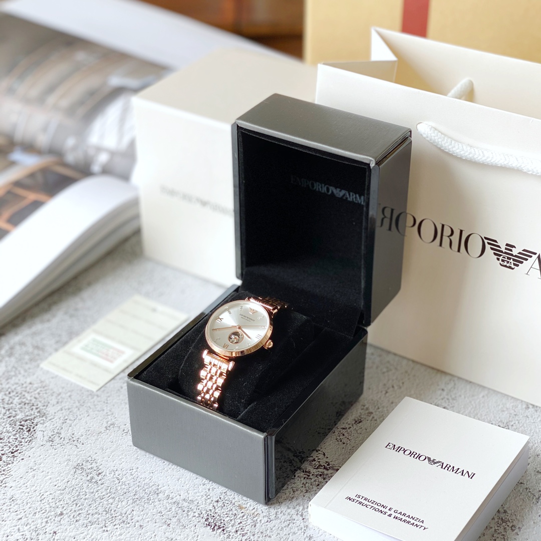 ¡Exclusivamente para JD.com! ¡Reloj mecánico automático transparente hueco de oro rosa Armani AR60023! ¡La ventana de p…