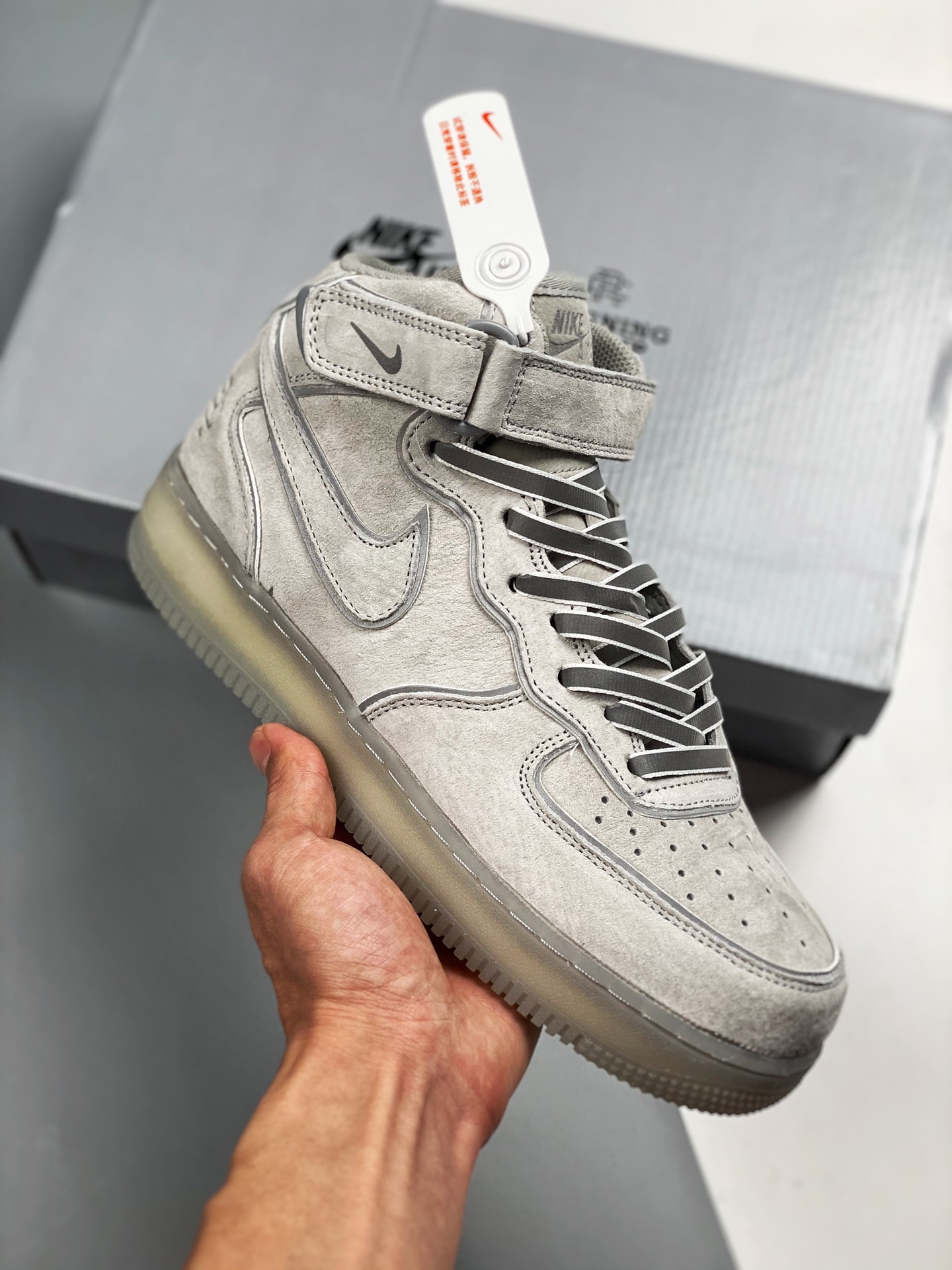 Air Force 1 '07 MID 3M gamuza gris, horma y cartón originales, auténtica Fuerza Aérea, enfocado en canales de comercio …
