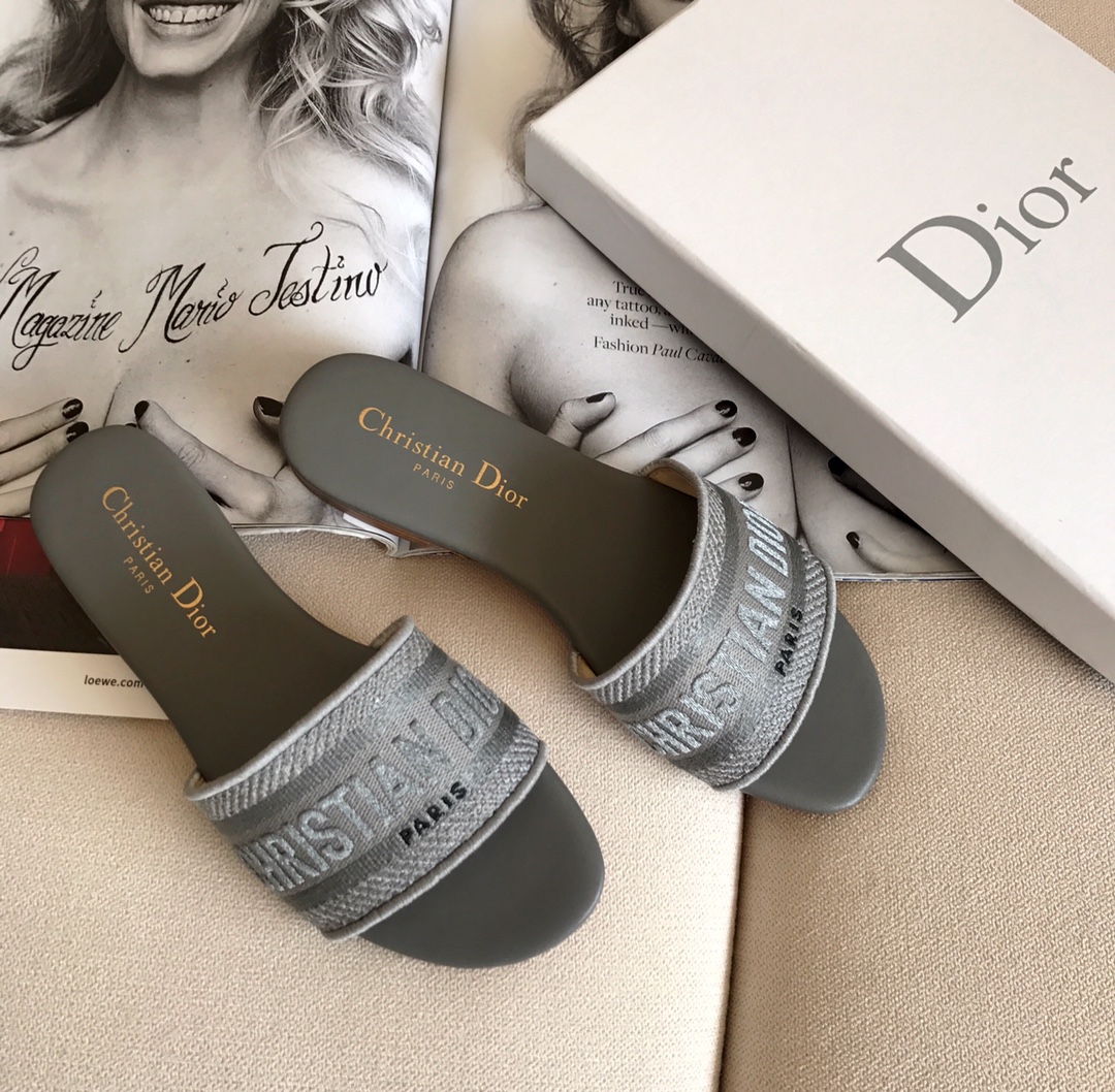 Dior Shoes Slippers Embroidery Genuine Leather Rubber Spring/Summer Collection Beach