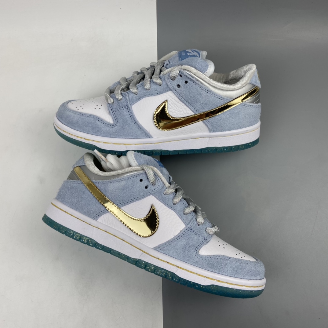 350 Sean Cliver x Nike SB Dunk Low Pro”White/Psychic Blue-Metallic Gold” 雾霾蓝白金钩水晶底 DC9936-100