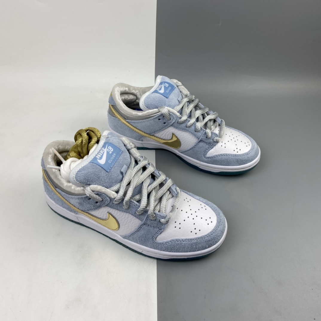 350 Sean Cliver x Nike SB Dunk Low Pro”White/Psychic Blue-Metallic Gold” 雾霾蓝白金钩水晶底 DC9936-100
