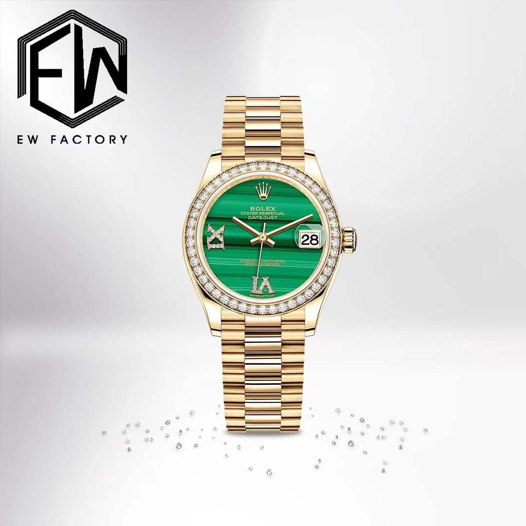 NO:142741,EW [Most Beautiful Rolex Women's Watch] Oyster Perpetual Log Model 31 Series 1 Paired with Swiss imported movement, stable and reliable quality; 2 The same thickness as the original, the watch diameter is 31mm; [Correct the shortcomings of other versions in the market, the size and thickness of other versions in the market, and the fake at a glance] 3 Natural malachite surface, each piece is unique; 4 Integrated molding mid-layer case, screw-in bottom cover and winding crown; 5 Top-level workmanship, each strap perfectly matches the lugs, giving the highest comfort of the wrist; Every extreme detail is the sincerity of the EW factory ingenious development!  !  , Rolex hot-selling products, rolex19860909EW【最美劳力士女表】蚝式恒动日志型31系列 1搭配瑞士进口机芯,品质稳定可靠； 2与原装一致厚度11mm表径31mm；【修正市场其它版本不足,市场其它版本尺寸厚度不对,一眼假】 3天然孔雀石表面,每一块都是独一无二； 4 一体成型中层表壳,旋入式底盖及上链表冠； 5顶级做工,每条表带与表耳完美契合,给予手腕最高的舒适度； 每个极致的细节都是EW工厂匠心开发的诚意！！,劳力士热销爆款,rolex,Watch