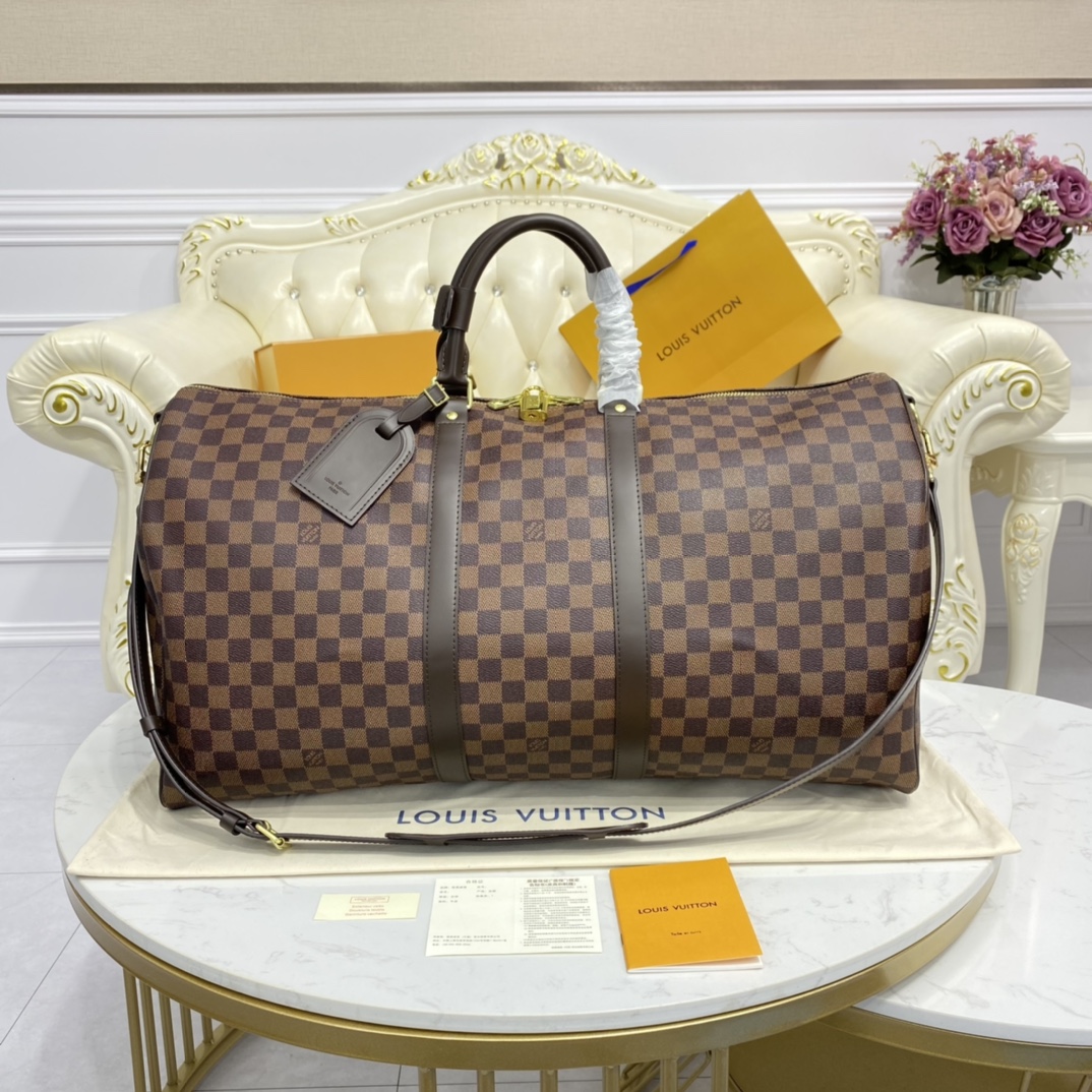 Louis Vuitton LV Keepall Travel Bags Black Grid Coffee Color Gold White Damier Azur Canvas Cotton Cowhide M41429