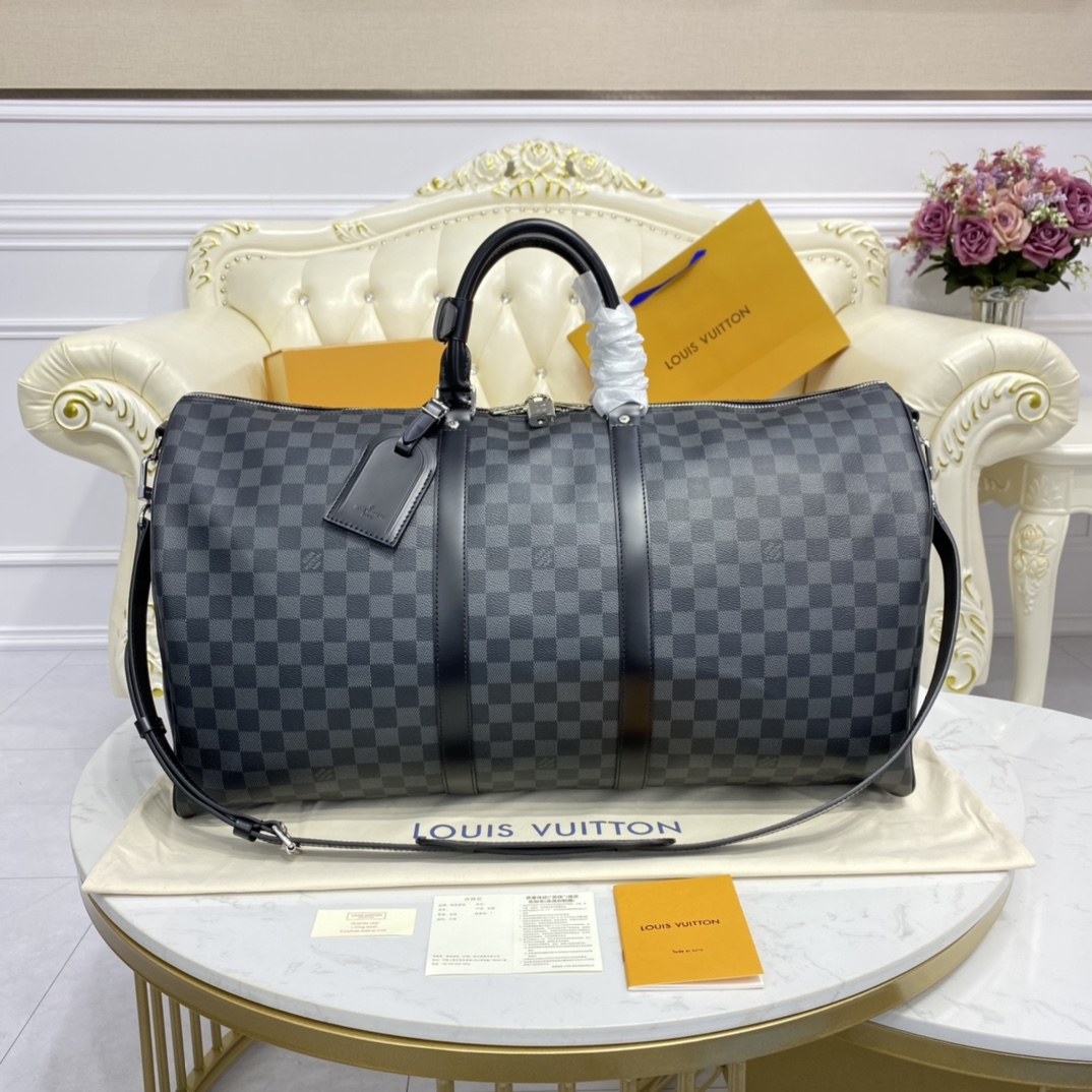 Louis Vuitton LV Keepall Travel Bags Black Grid Coffee Color Gold White Damier Azur Canvas Cotton Cowhide M41429