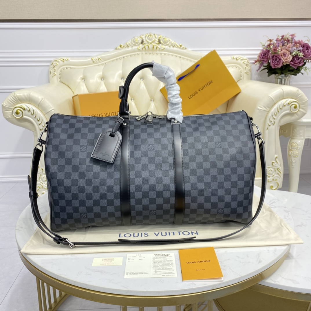 Louis Vuitton LV Keepall Travel Bags Black Grid Coffee Color Gold Damier Azur Canvas Cotton Cowhide n41426