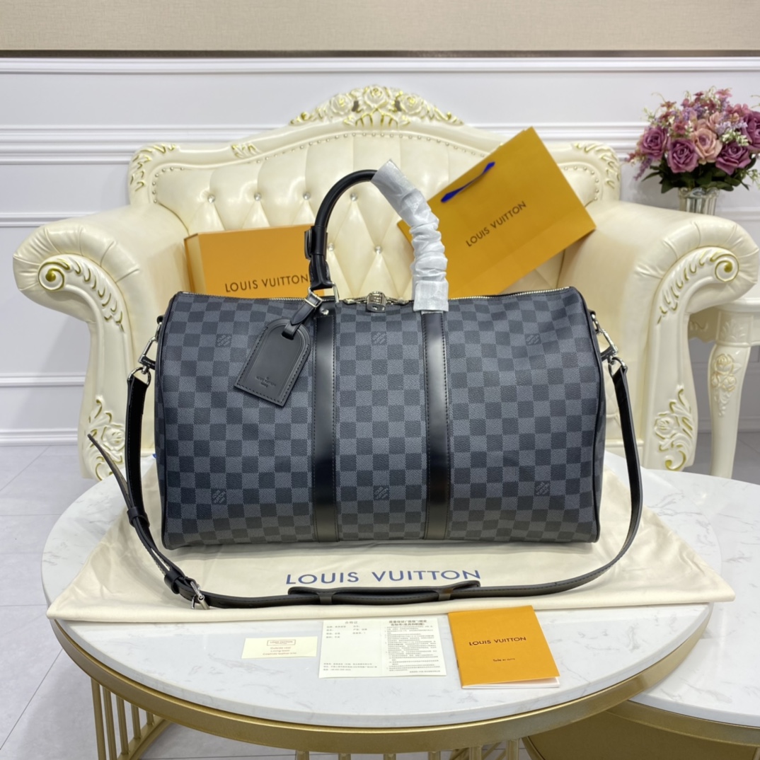 Louis Vuitton LV Keepall Sale
 Travel Bags Black Grid Gold White Damier Azur Canvas Cotton Cowhide M41430