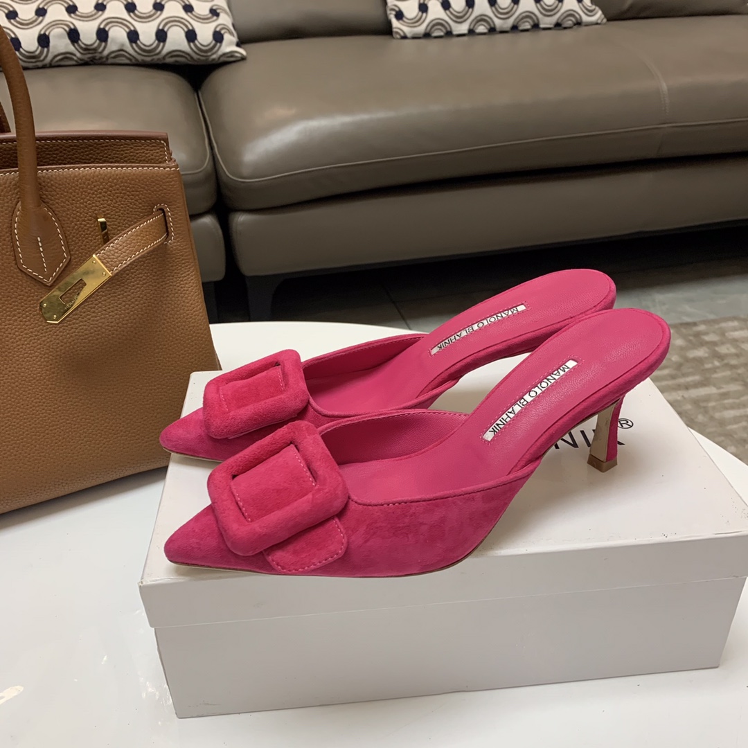 Manolo Blahnik Pink Suede Mules with Crystal Buckle - Summer Collection 1 Manolo Blahnik Pink Suede Mules with Crystal Buckle - Summer Collection