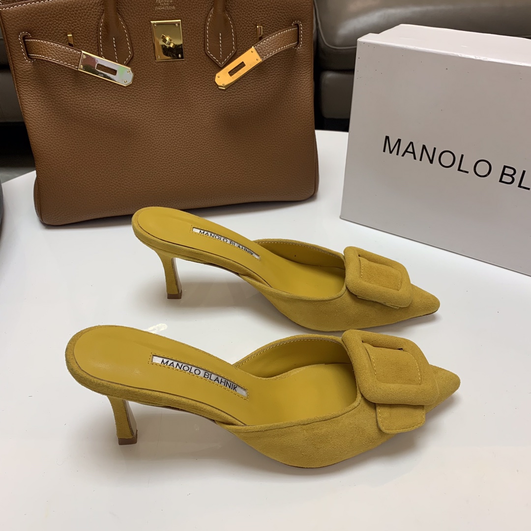 Manolo Blahnik Women's Yellow Suede Mules with Crystal Buckle Heel 7.5cm 6 i1615012149 2754 5
