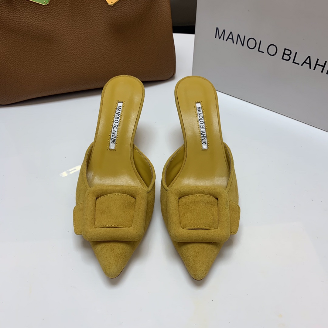 Manolo Blahnik Women's Yellow Suede Mules with Crystal Buckle Heel 7.5cm 9 i1615012149 5943 8