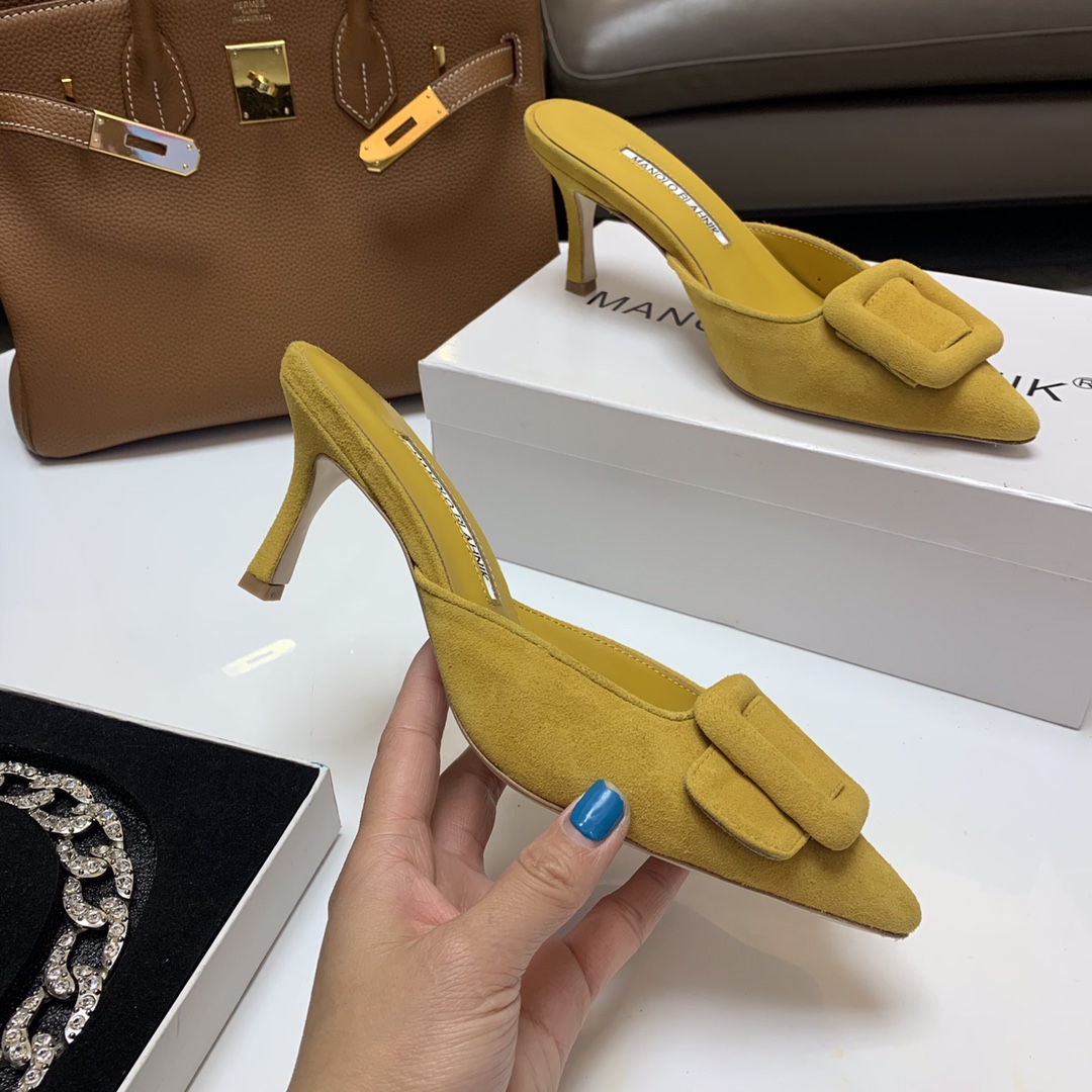 Manolo Blahnik Women's Yellow Suede Mules with Crystal Buckle Heel 7.5cm 5 i1615012149 6138 3