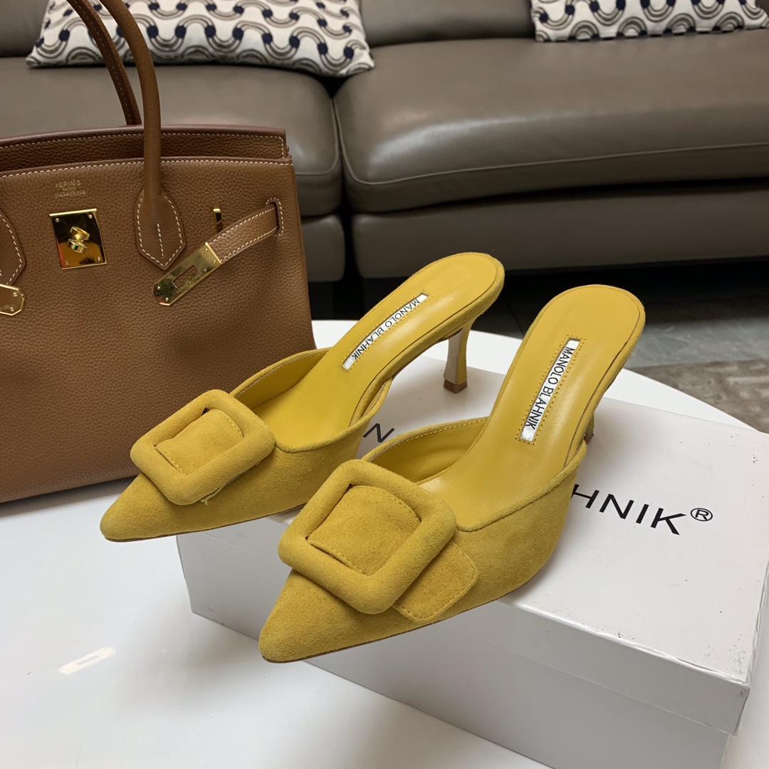 Manolo Blahnik Women's Yellow Suede Mules with Crystal Buckle Heel 7.5cm 2 i1615012149 8232 4