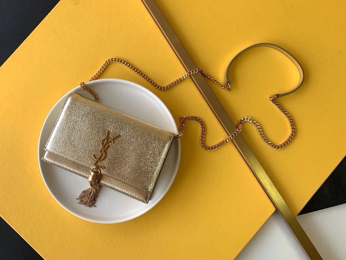 YSL KATE tassel chain bag metal logo magnetic clasp card slot coin pocket