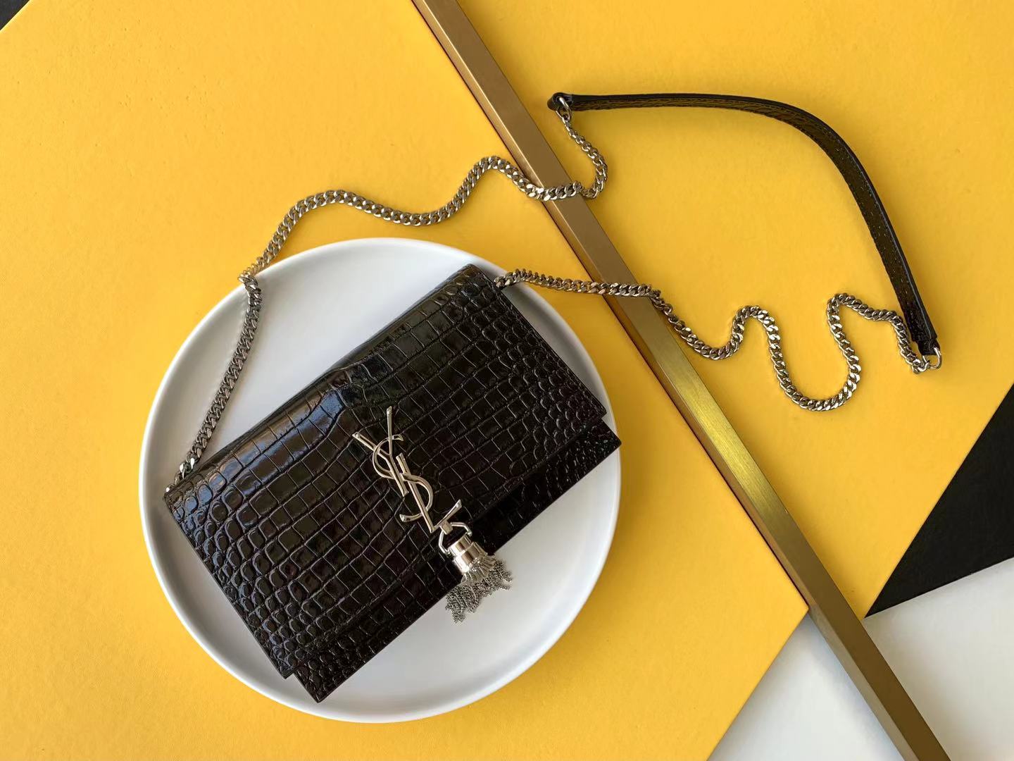 Tassel Chain Bag with Detachable Strap, Clutch, Card Slots, Coin Pocket, Magnetic Lock