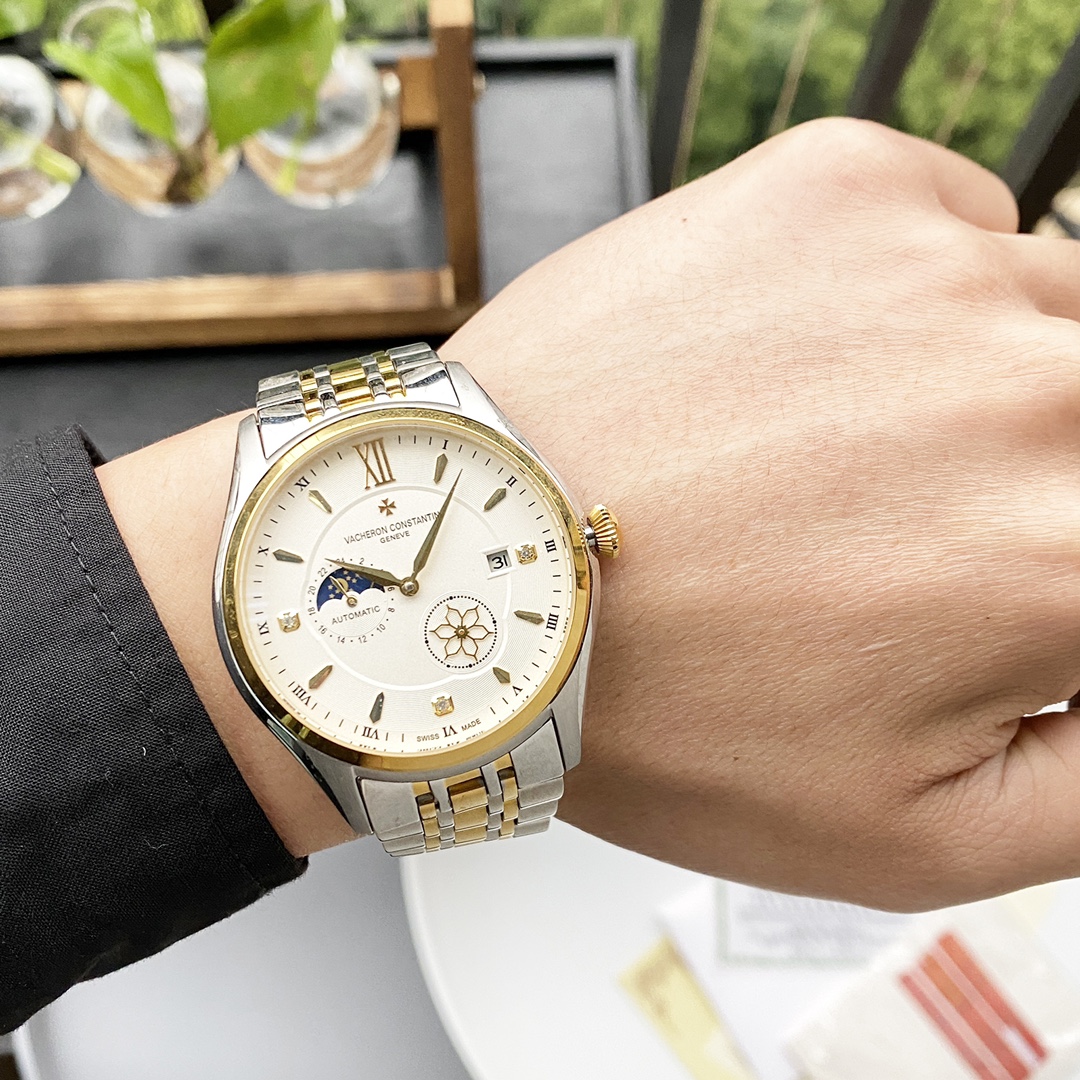 p430  江诗丹顿 Vacheron Constantin 精品男士腕表，四针分离搭载月相设计，技艺精湛，独具匠心，尊贵大气，绅士风范。采用全自动机械机芯，顶级316精钢表壳，进口小牛皮表带，矿物质超强镜面，尺寸40*13