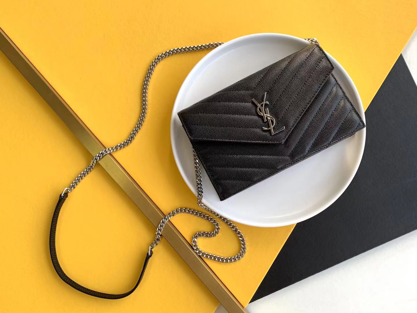 Pebbled Leather Chain Clutch with Detachable Strap